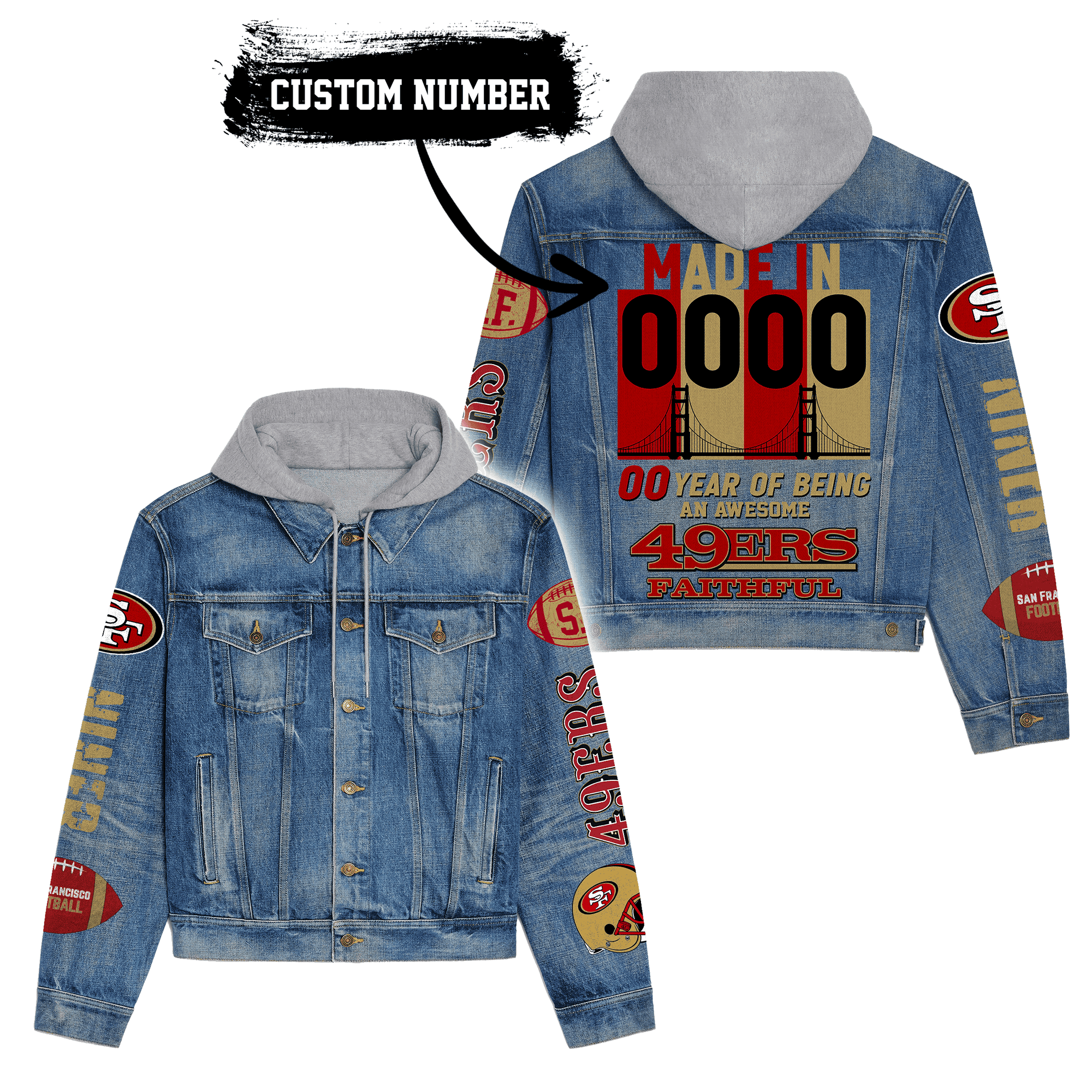 San Francisco 49Ers Premium Hooded Denim Jacket Trendy Fall Denim Outerwear