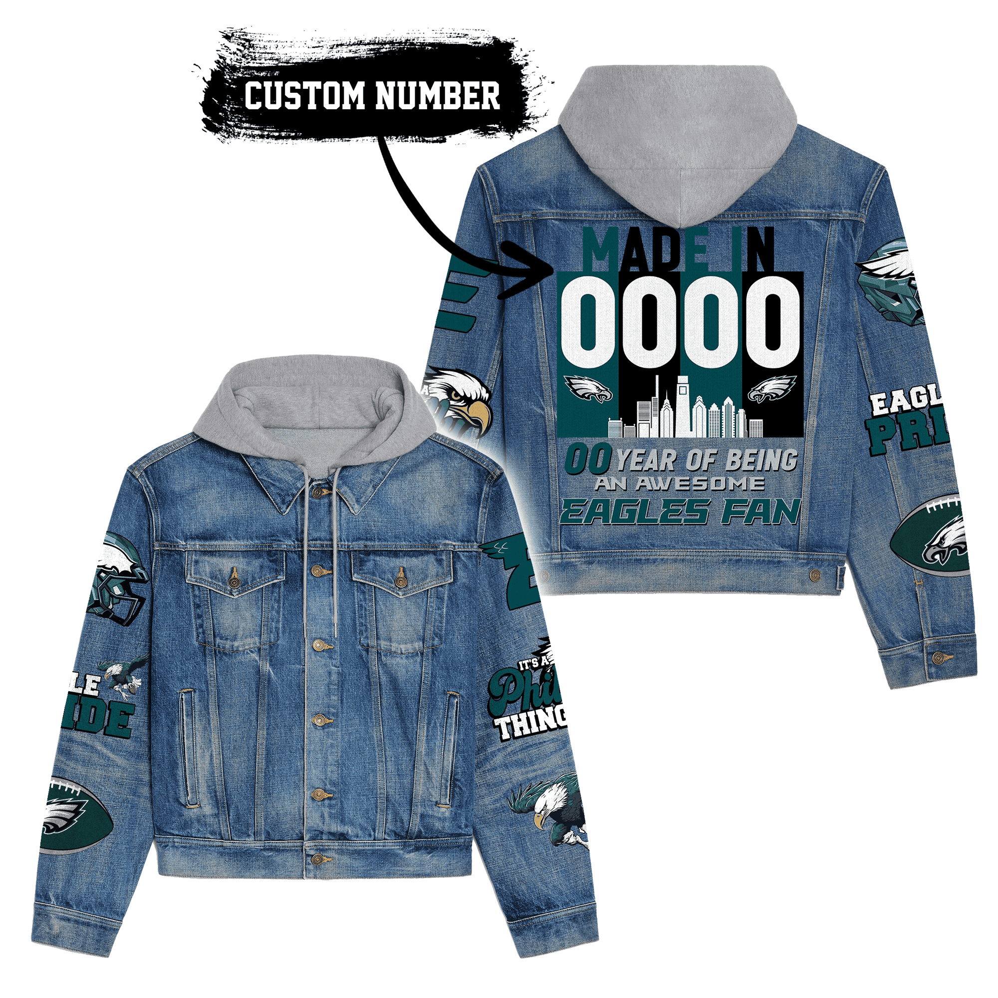 Philadelphia Eagles Premium Casual Fall Hooded Denim Jackets For Men Women