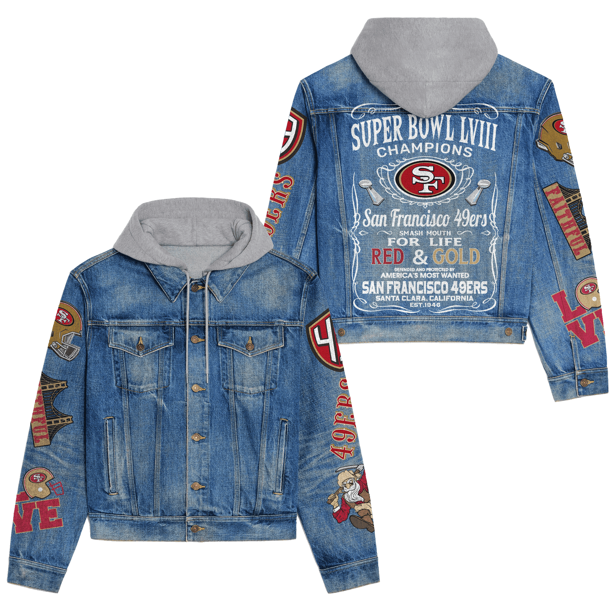 San Francisco 49Ers Premium Hooded Denim Jacket Graphic Print Denim Jacket