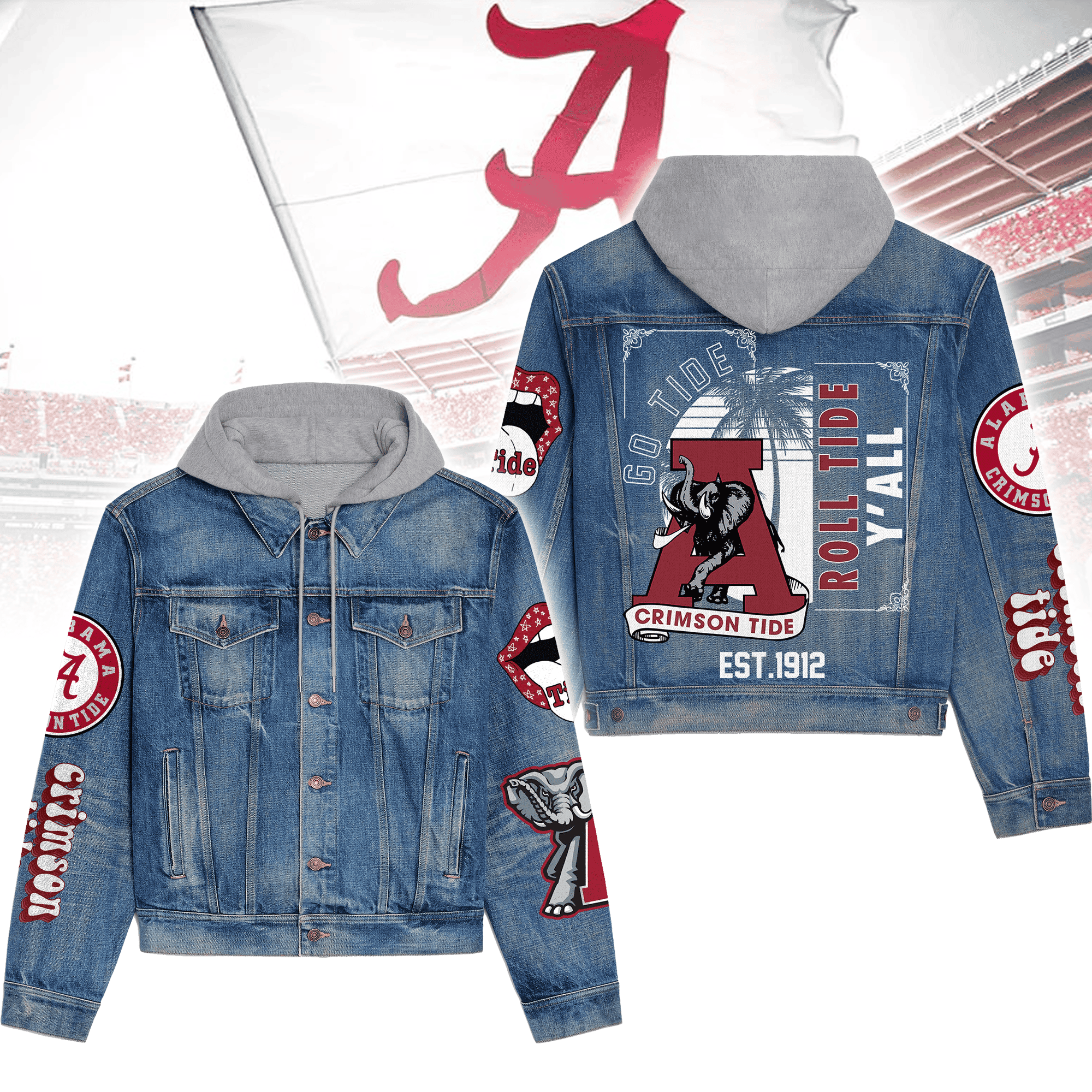 Abama Crimson Tide Premium Hooded Denim Jacket Graphic Print Denim Jacket