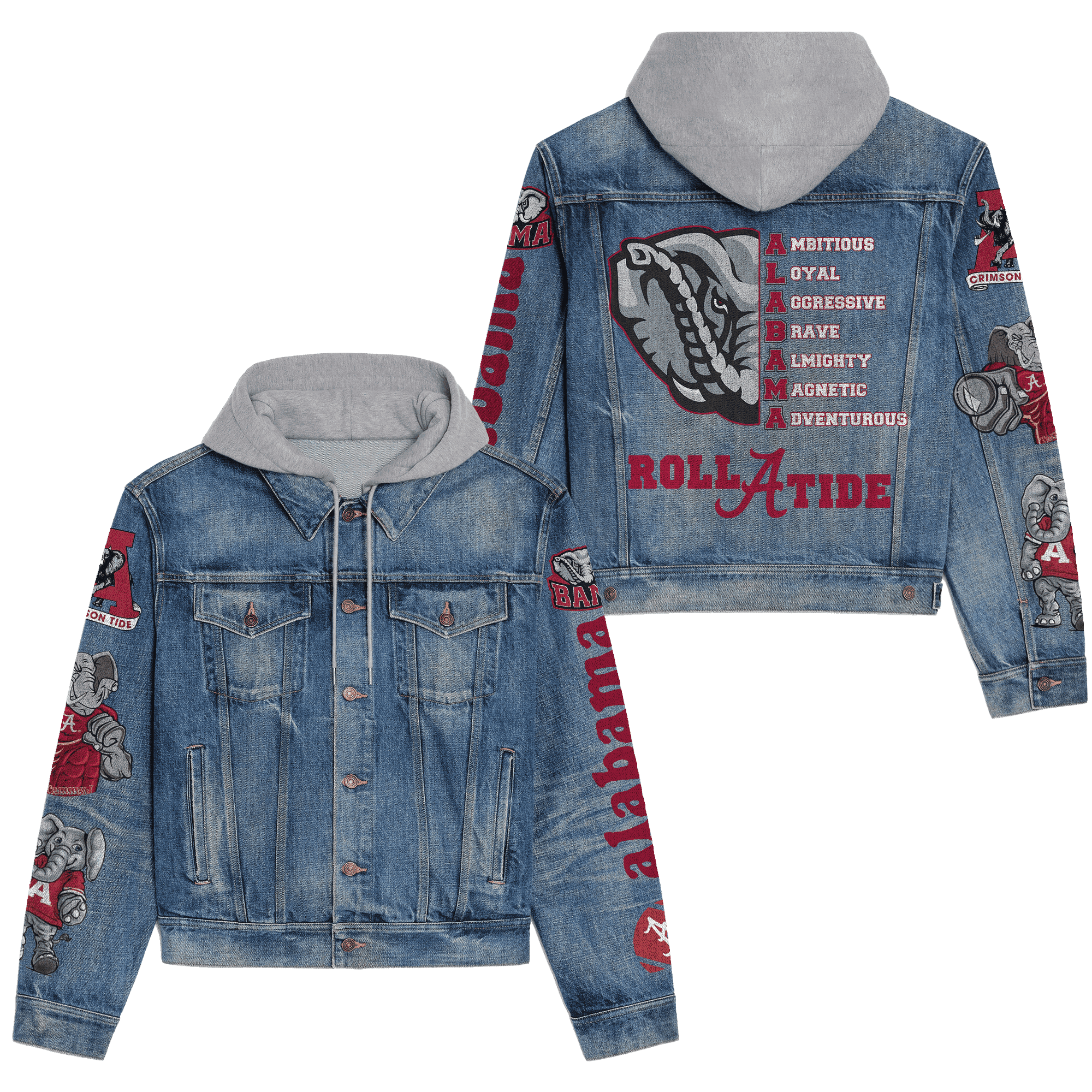Abama Crimson Tide Premium Hooded Denim Jacket Streetwear Denim Jacket For Fans