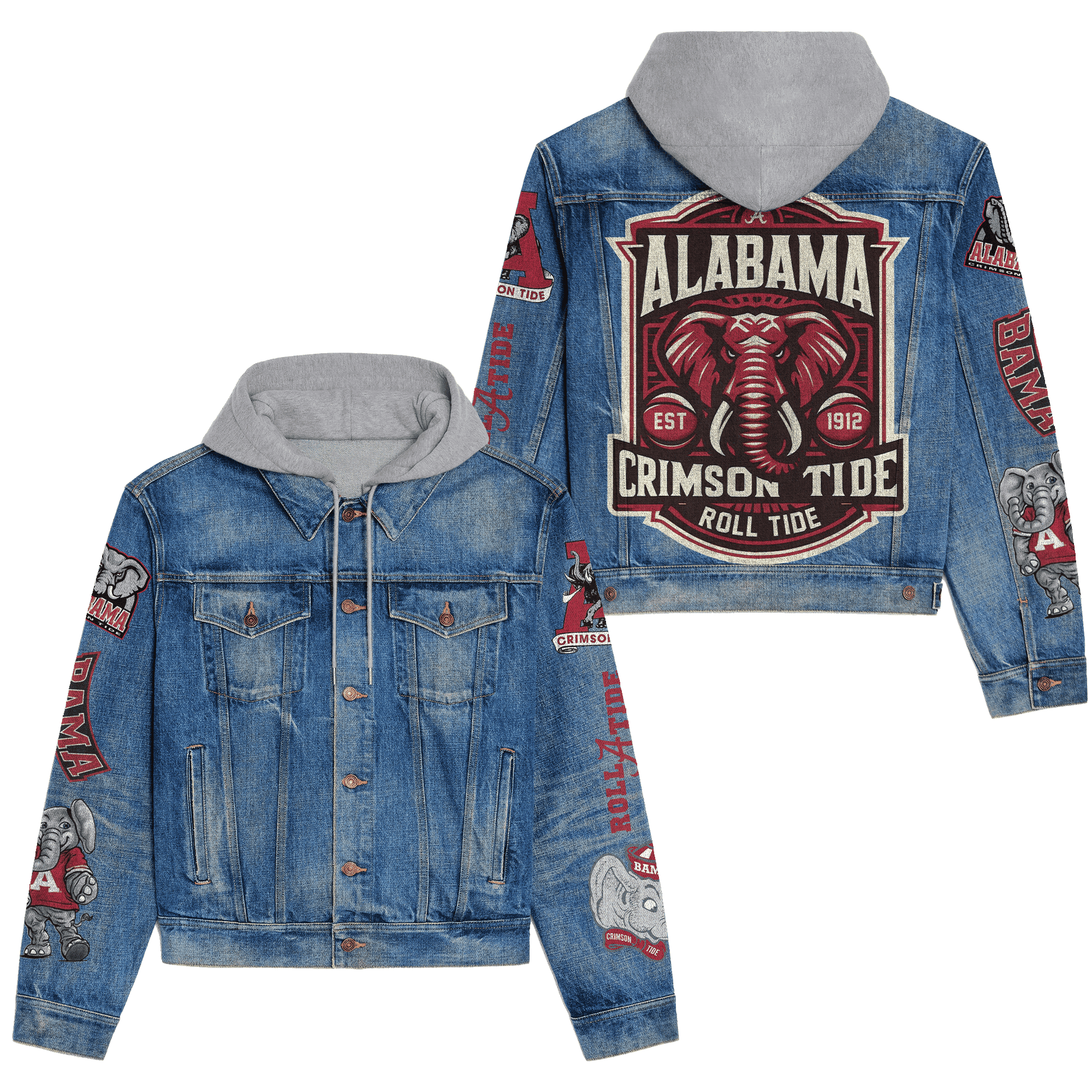 Abama Crimson Tide Premium Hooded Denim Jacket Trendy Fall Denim Outerwear