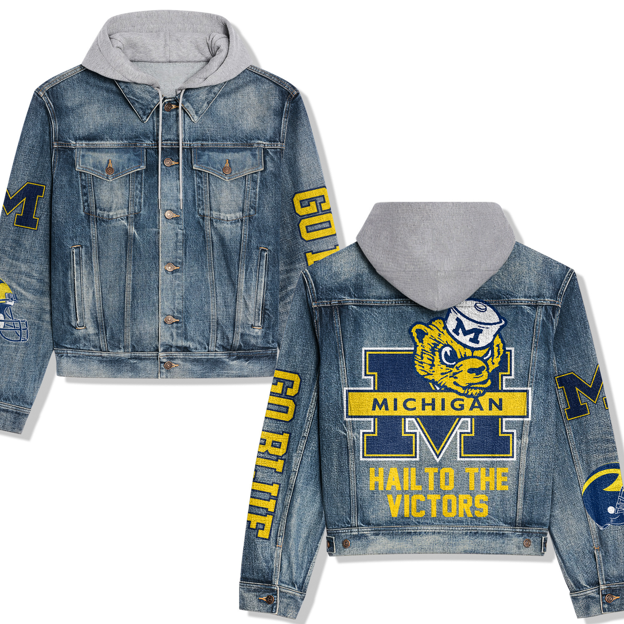 Michigan Wolverines Premium Hooded Denim Jacket Trendy Fall Denim Outerwear