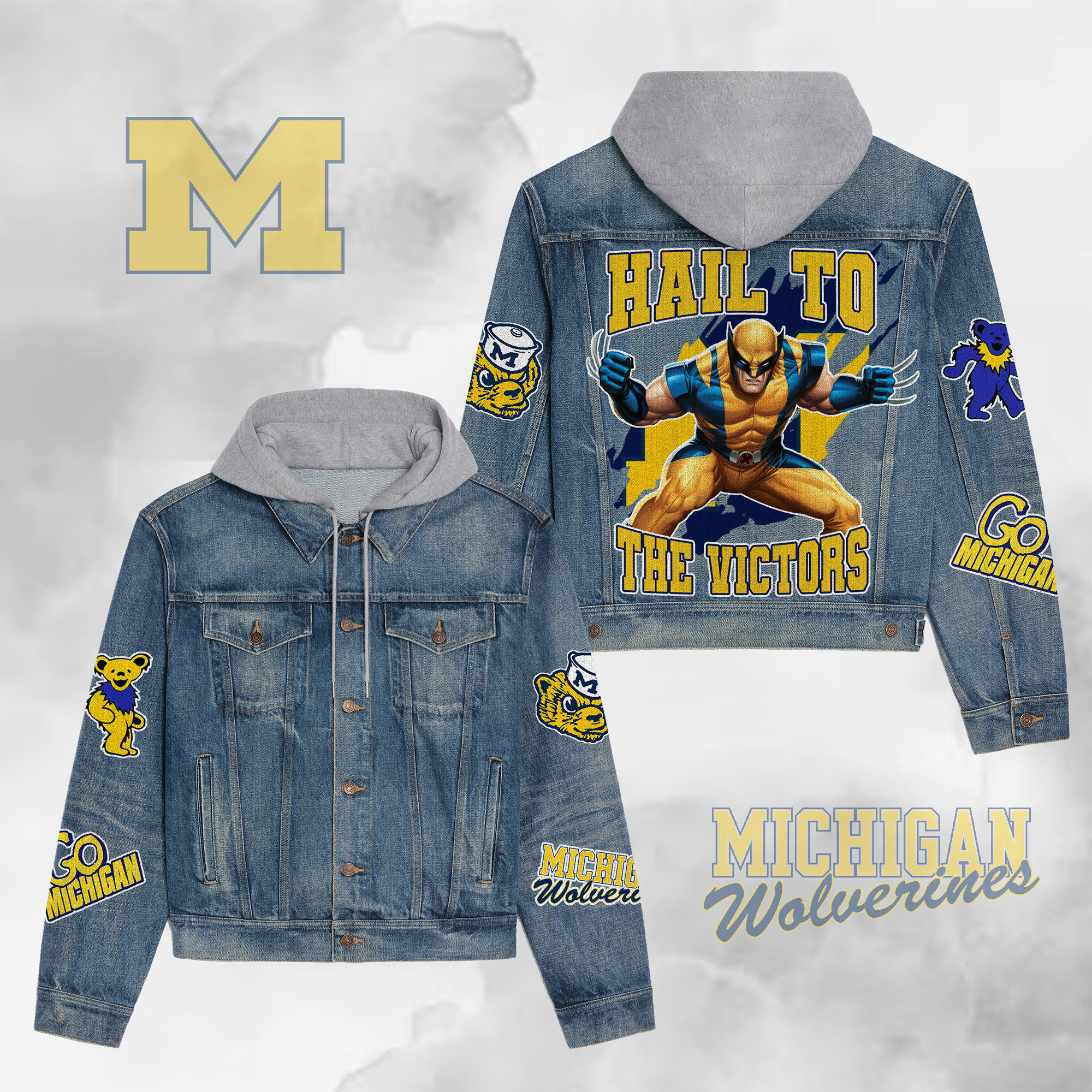 Michigan Wolverines Premium Hooded Denim Jacket  Stylish Jackets For Cold Weather