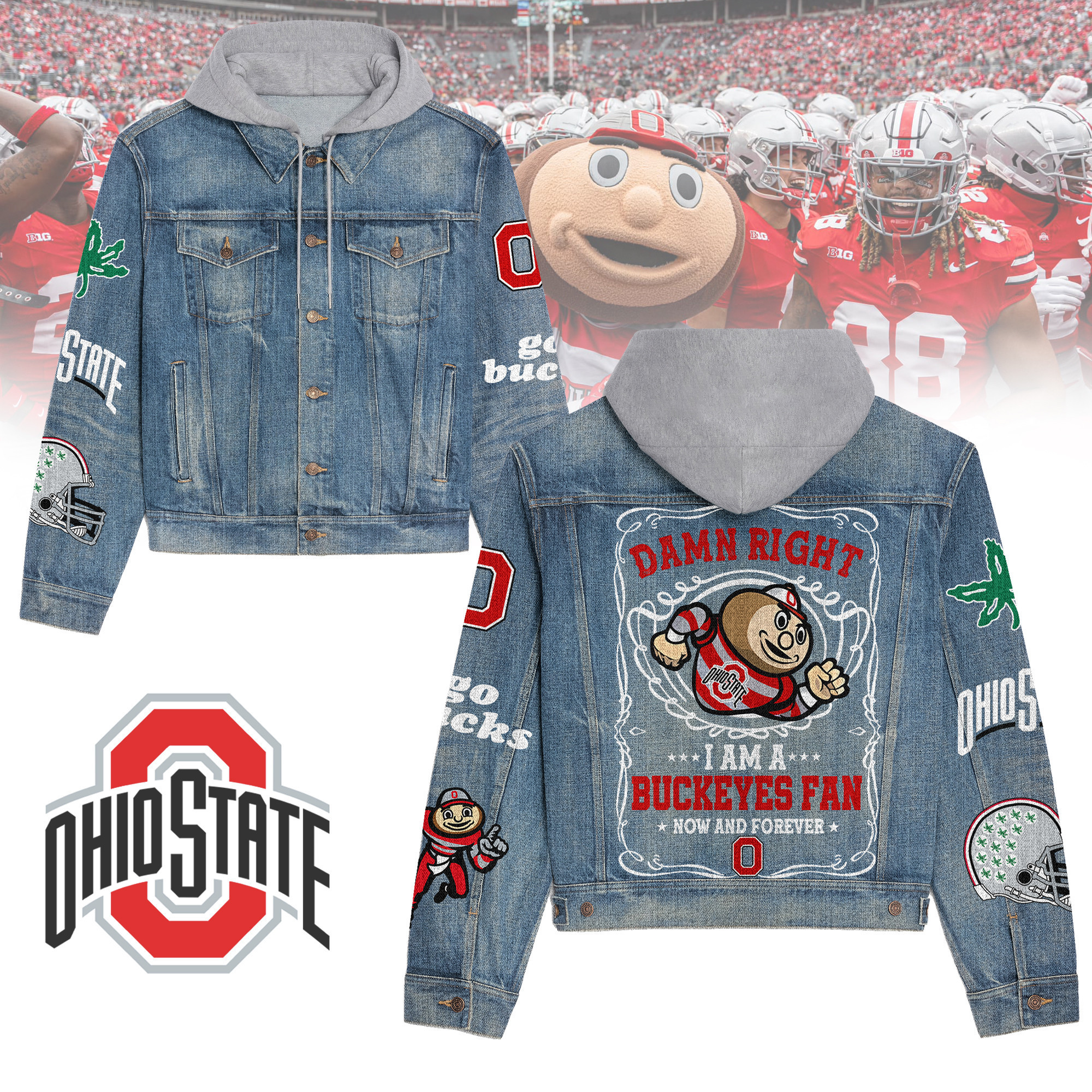 Ohio State Buckeyes Premium Hooded Denim Jacket For Men Women Collection Fall And Winter 2025