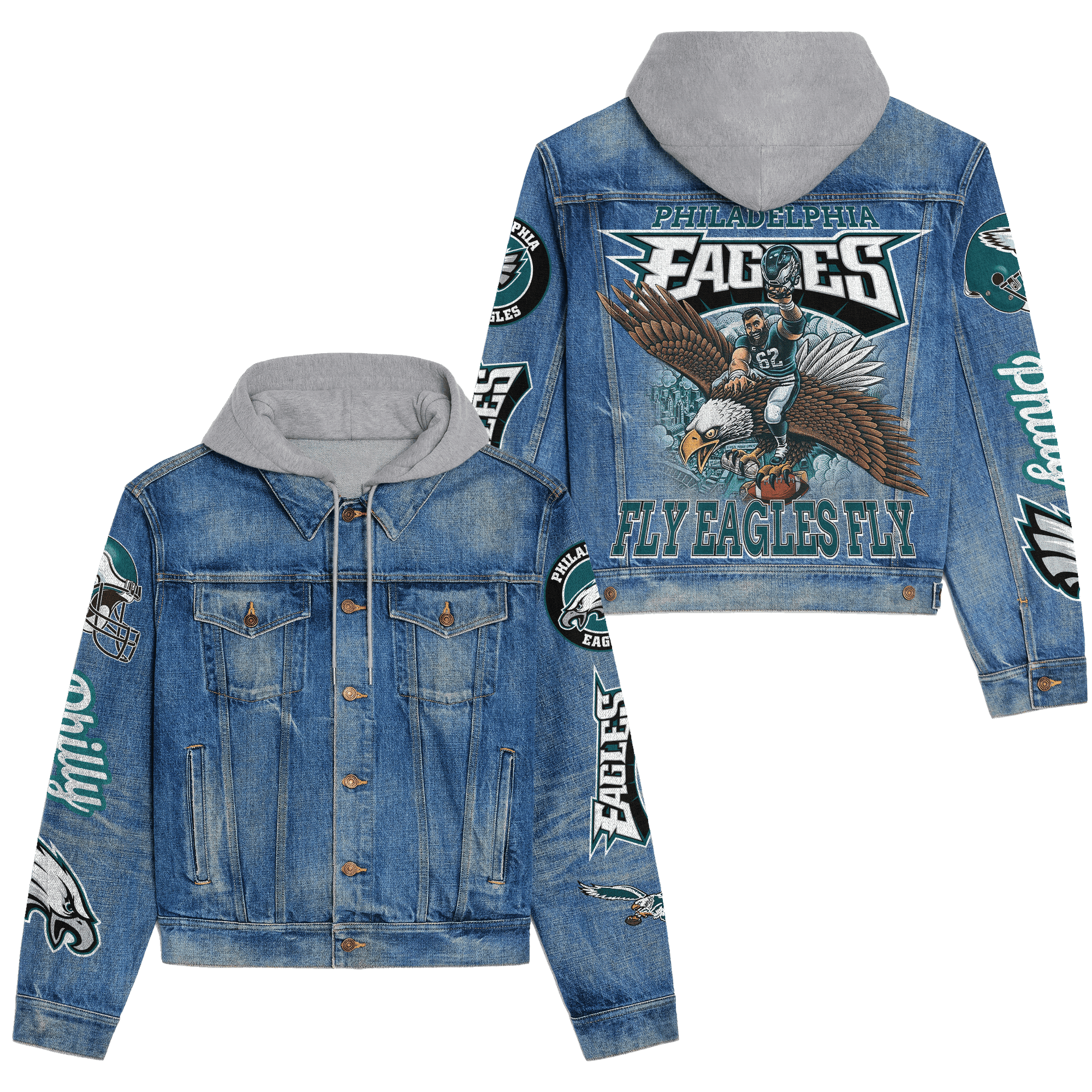 Philadelphia Eagles Premium Hooded Denim Jacket Graphic Print Denim Jacket