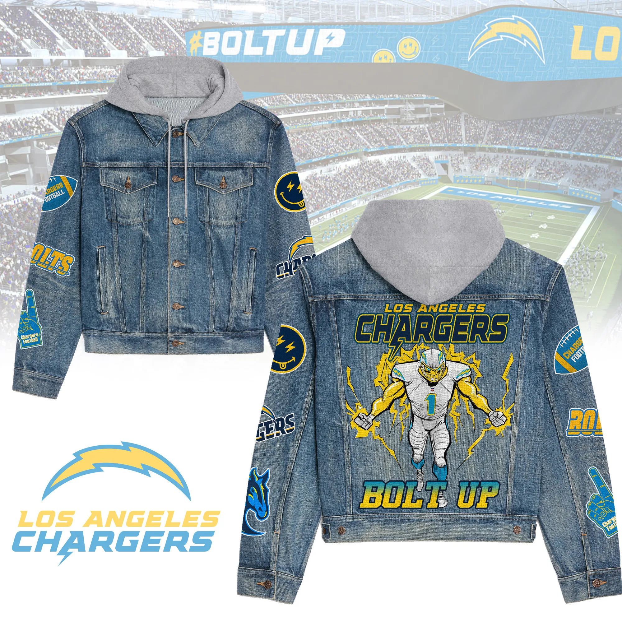 Los Angeles Chargers Premium Hooded Denim Jacket  Stylish Jackets For Cold Weather