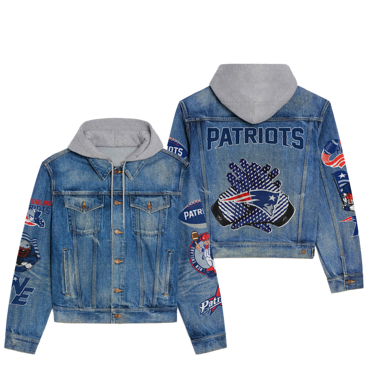 New England Patriots Premium Hooded Denim Jacket  Stylish Jackets For Cold Weather
