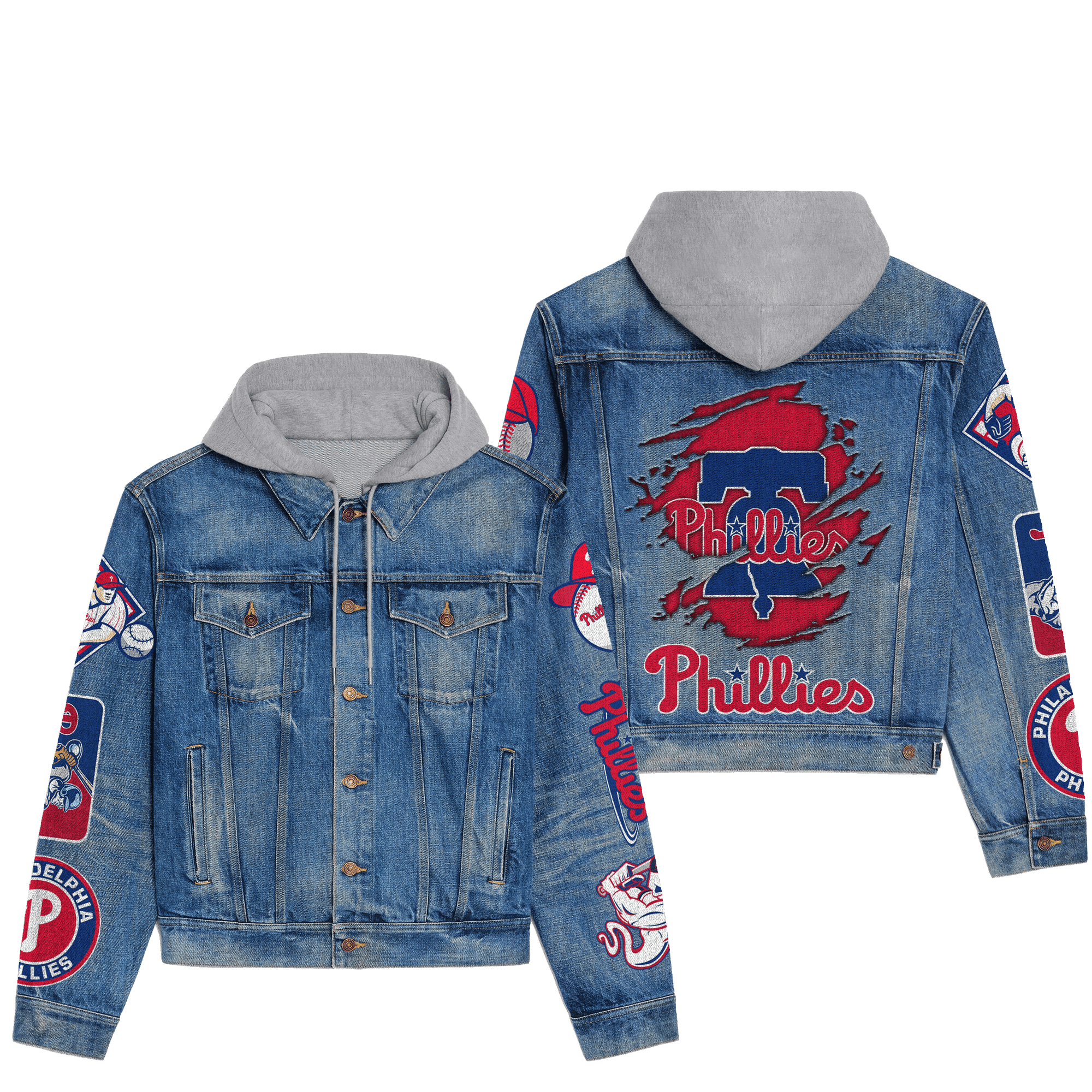 Phidelphia Phillies Premium Hooded Denim Jacket Streetwear Denim Jacket For Fan