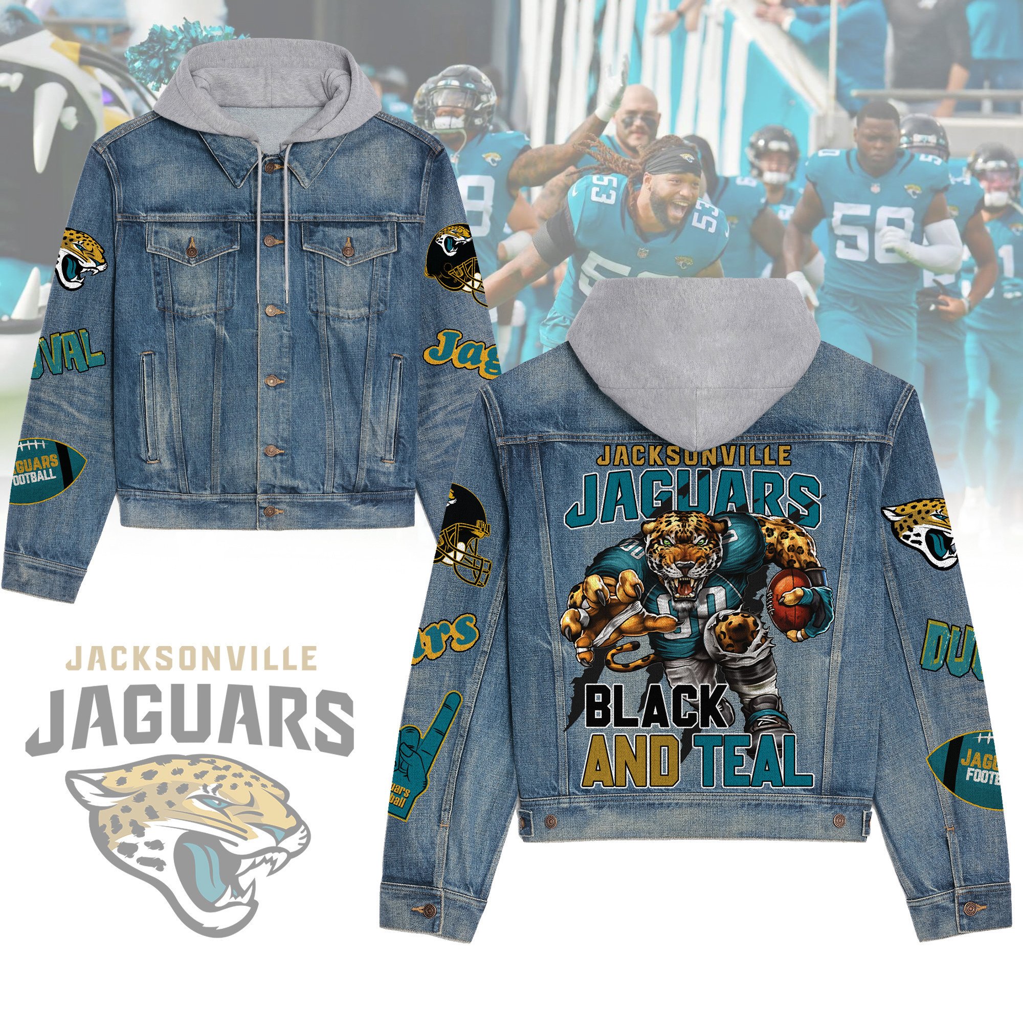 Jacksonville Jaguars Premium Hooded Denim Jacket  Stylish Jackets For Cold Weather