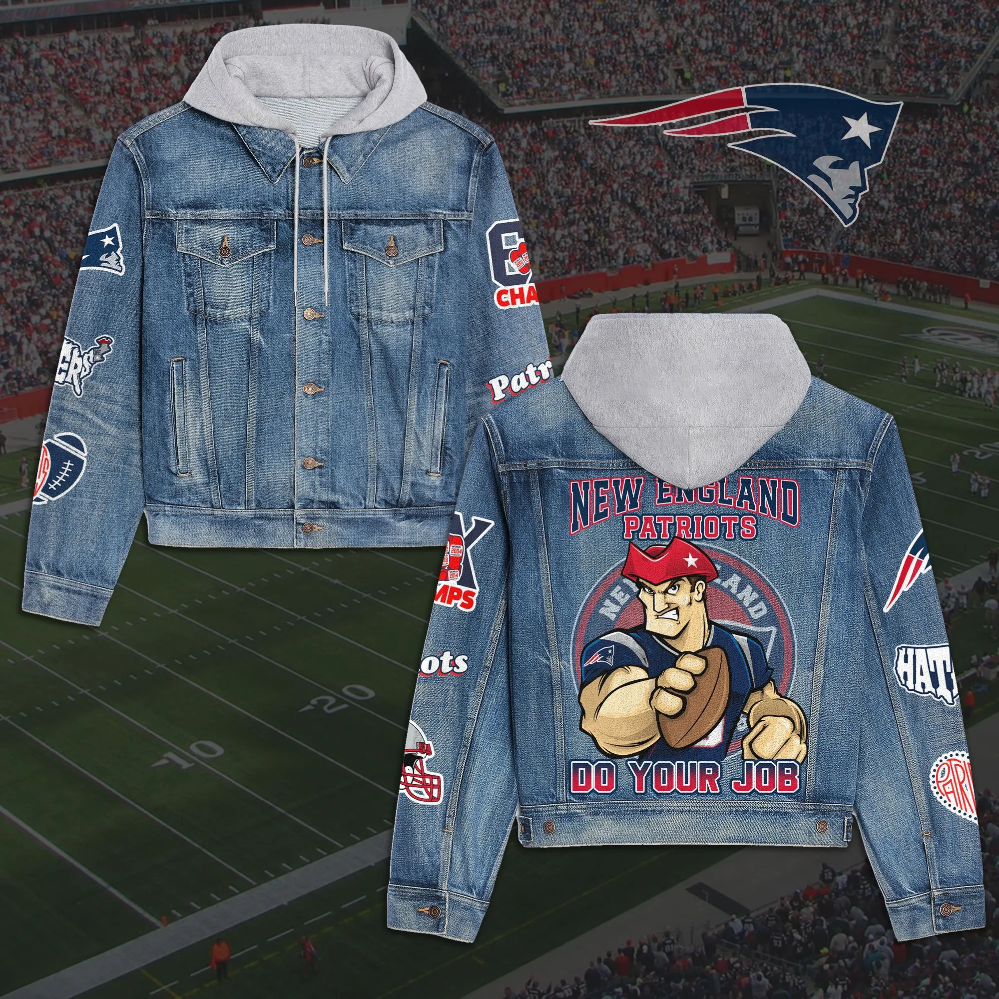 New England Patriots Premium Casual Fall Hooded Denim Jackets For Men Women