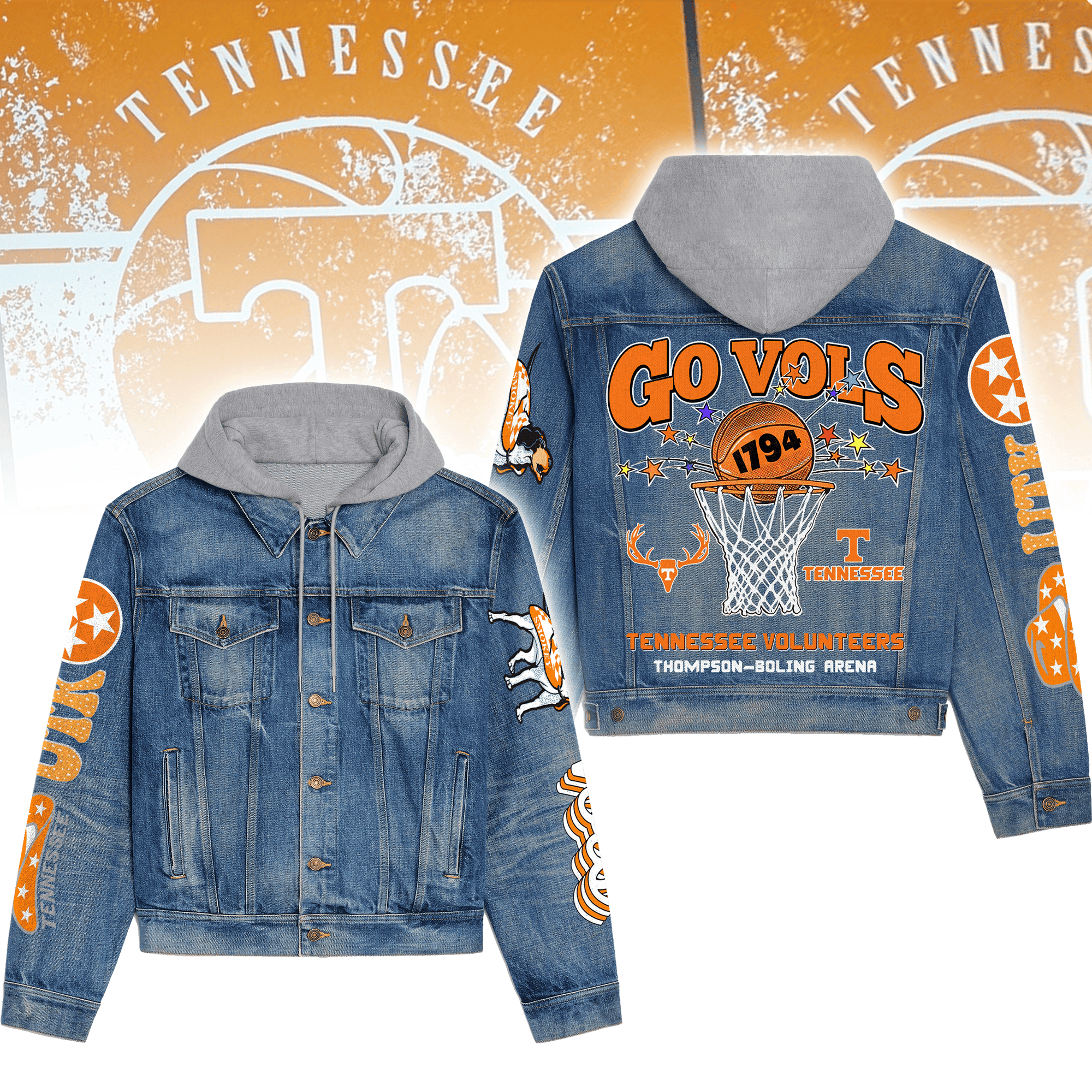 Tennessee Volunteers Premium Hooded Denim Jacket Trendy Fall Denim Outerwear