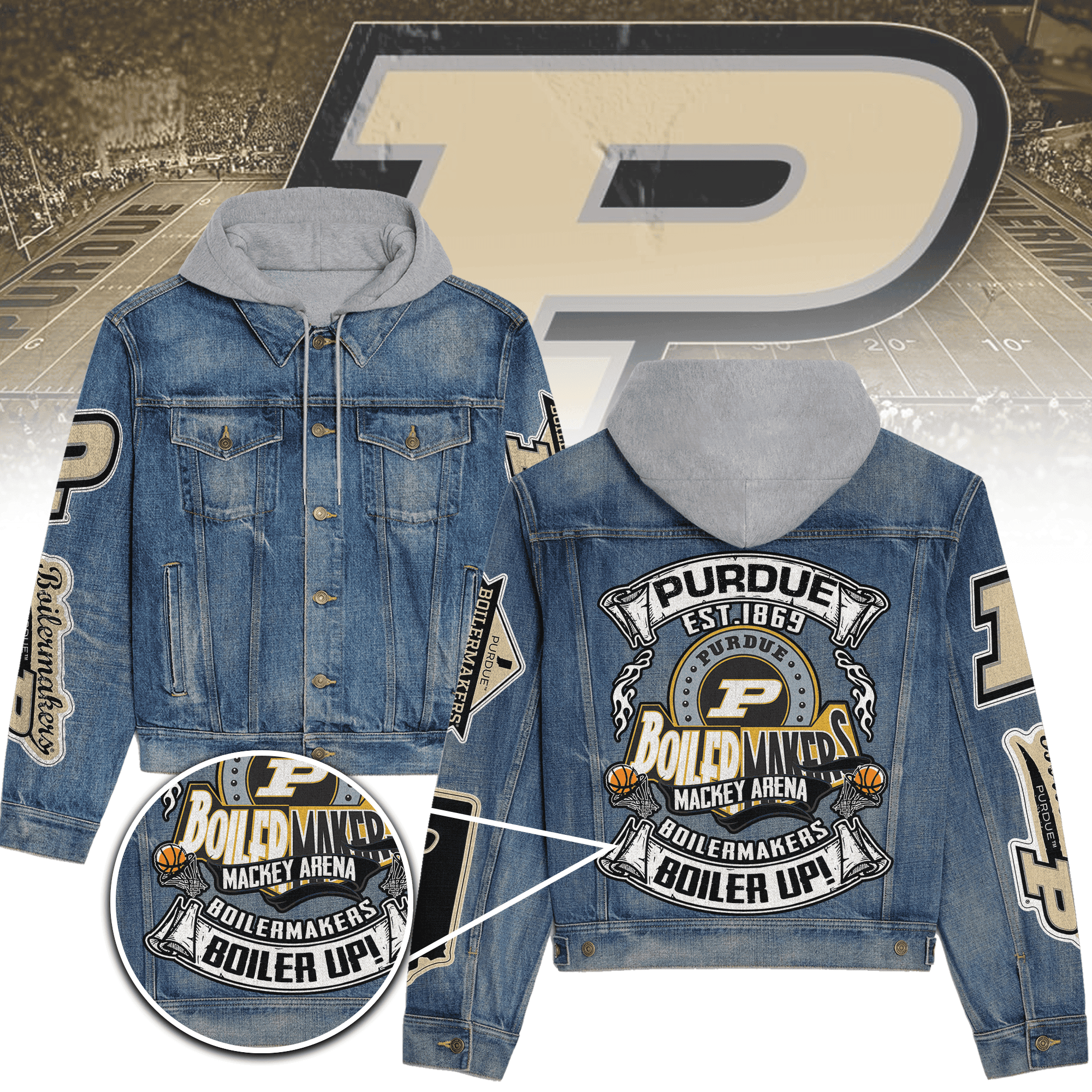 Purdue Boilermakers Premium Hooded Denim Jacket  Stylish Jackets For Cold Weather