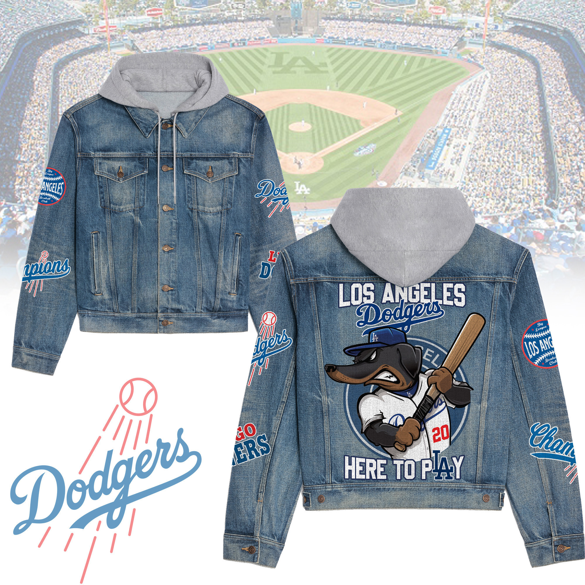 Los Angeles Dodgers Premium Hooded Denim Jacket Trendy Fall Denim Outerwear