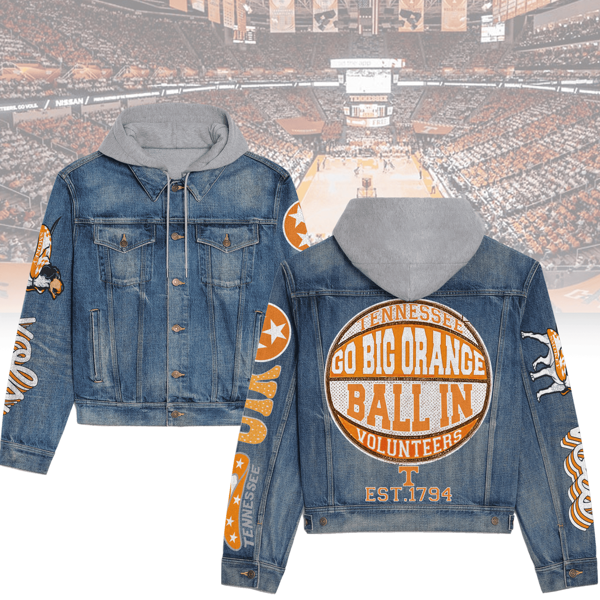 Tennessee Volunteers Premium Hooded Denim Jacket Streetwear Denim Jacket For Men