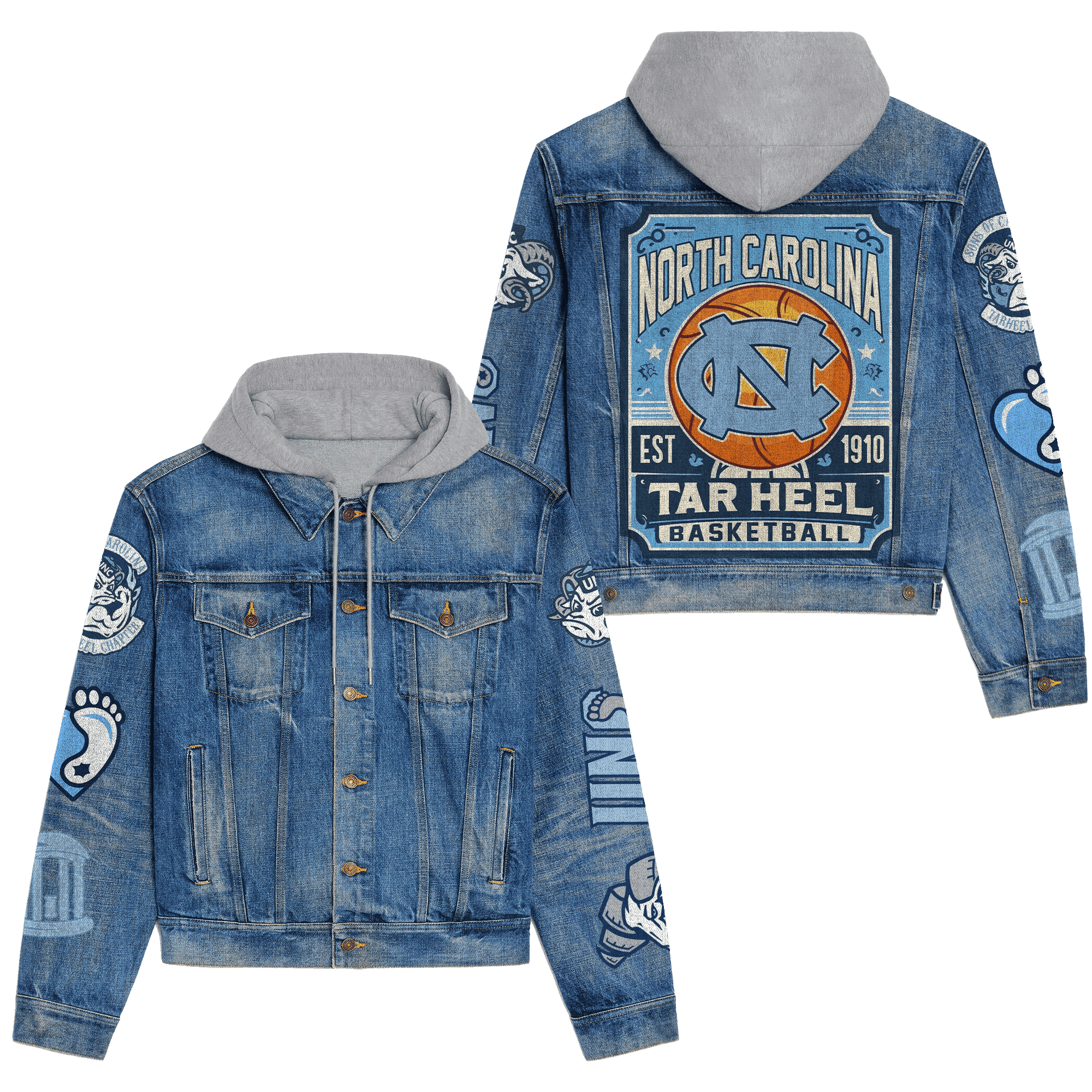 North Carolina Tar Heels Premium Hooded Denim Jacket  Stylish Jackets For Cold Weather