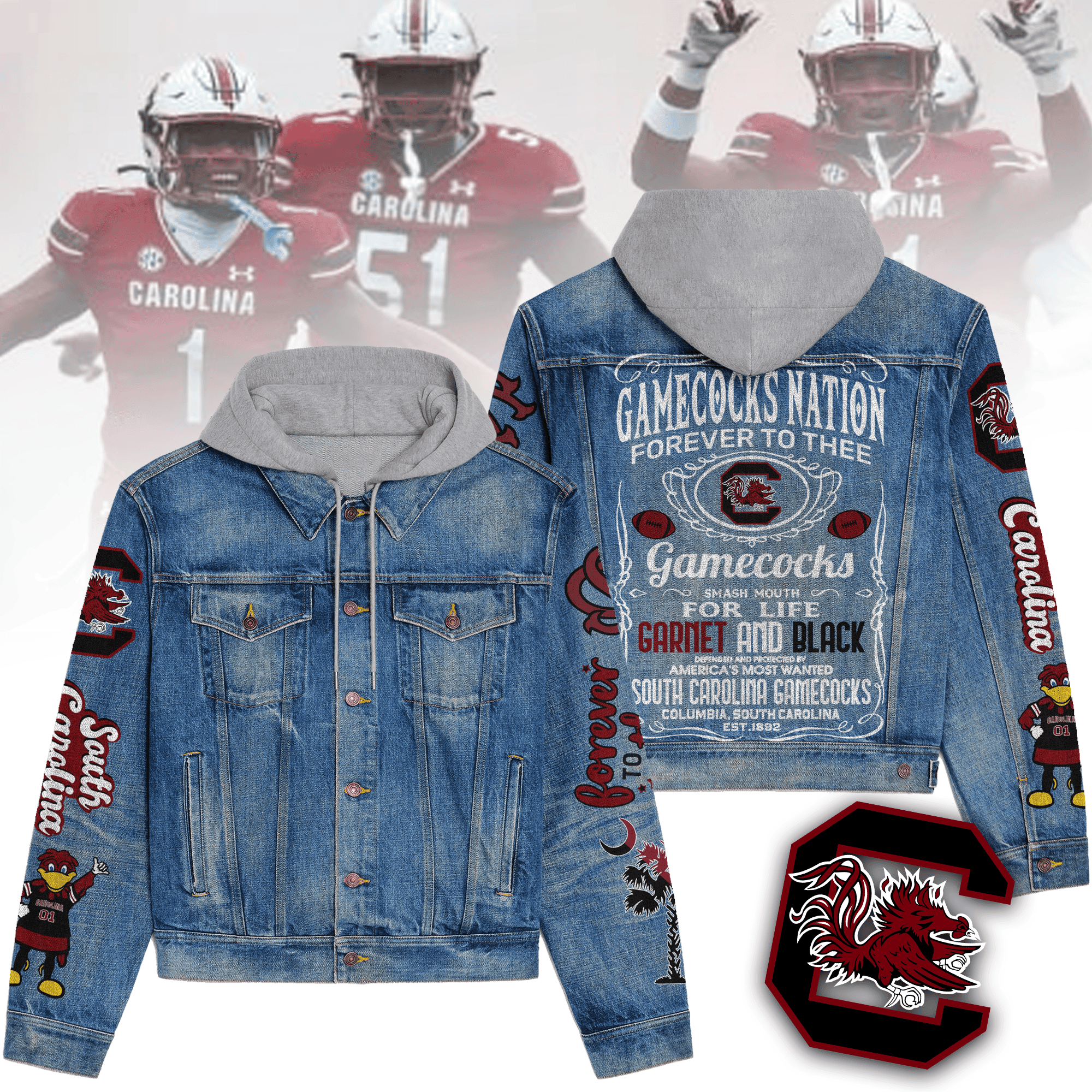 South Carolina Gamecocks Premium Hooded Denim Jacket For Men Women Collection Fall And Winter 2025