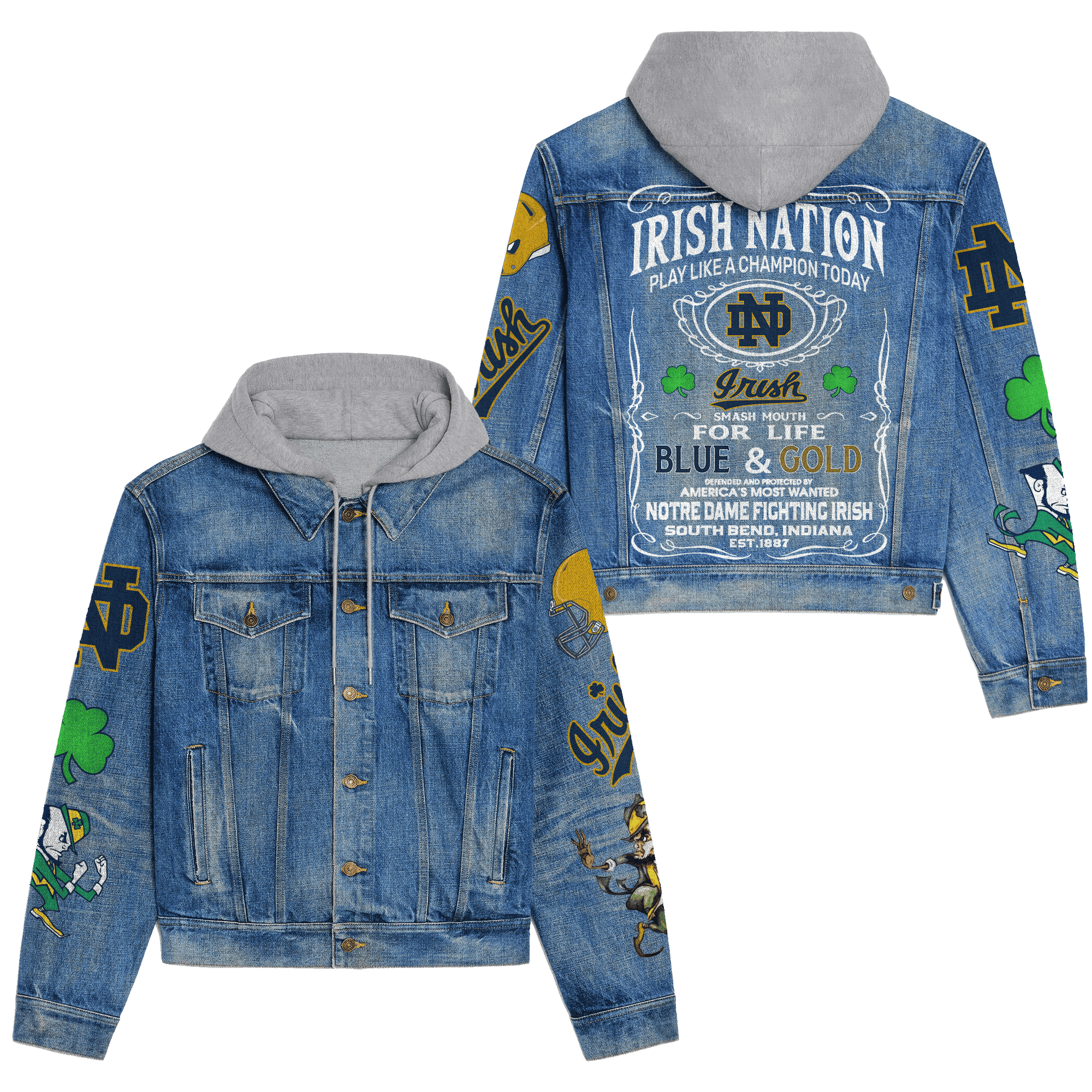 Notre Dame Fighting Irish Premium Hooded Denim Jacket For Men Women Collection Fall And Winter 2025
