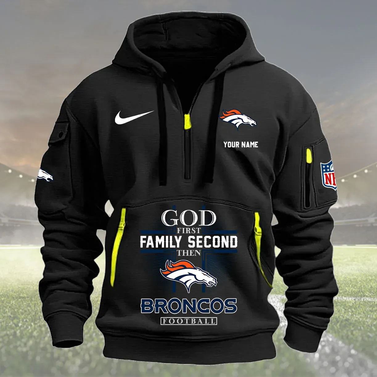 Denver Broncos Personalized Heavy Hoodie Quarter Zip Hoodie