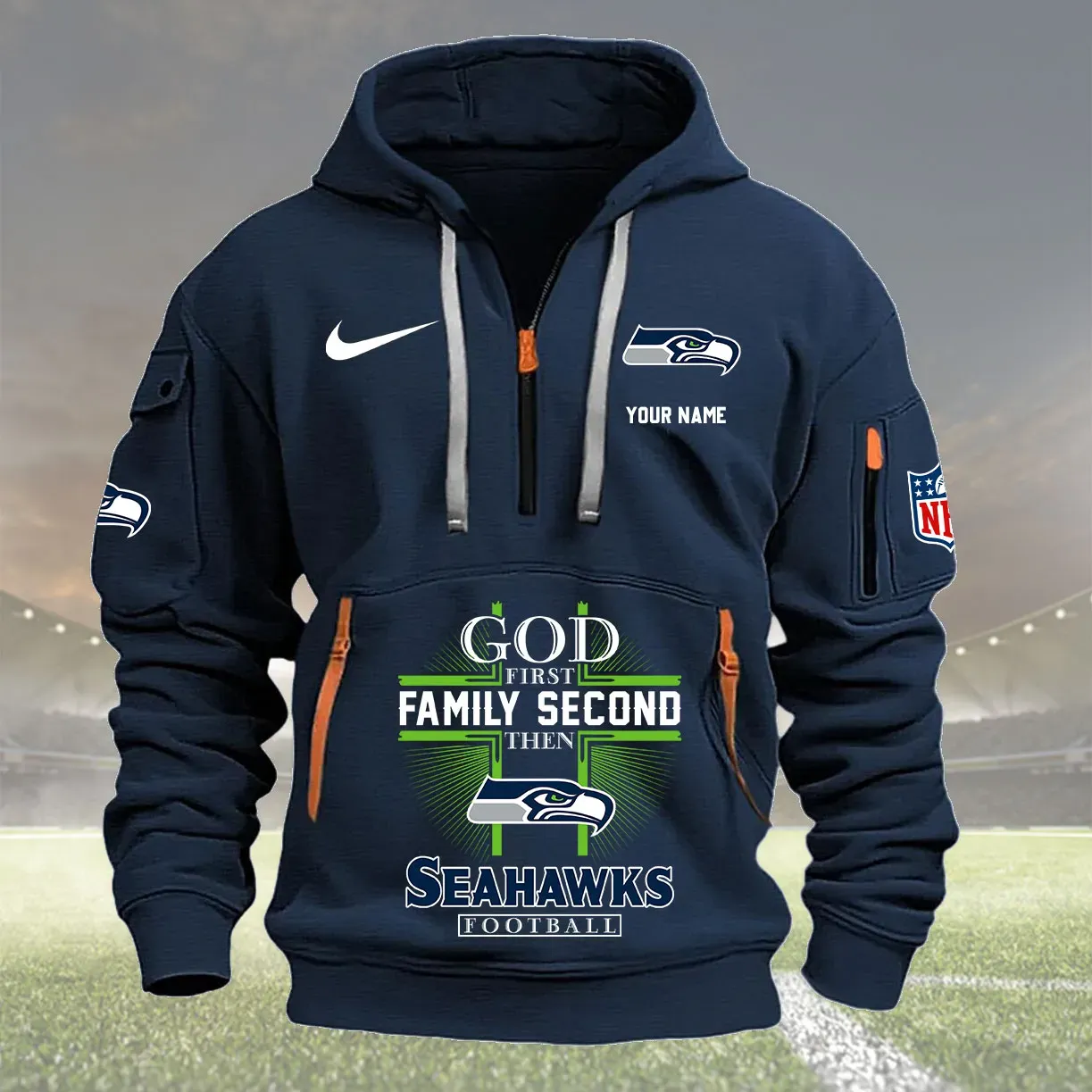 Seattle Seahawks Personalized Heavy Hoodie Quarter Zip Hoodie