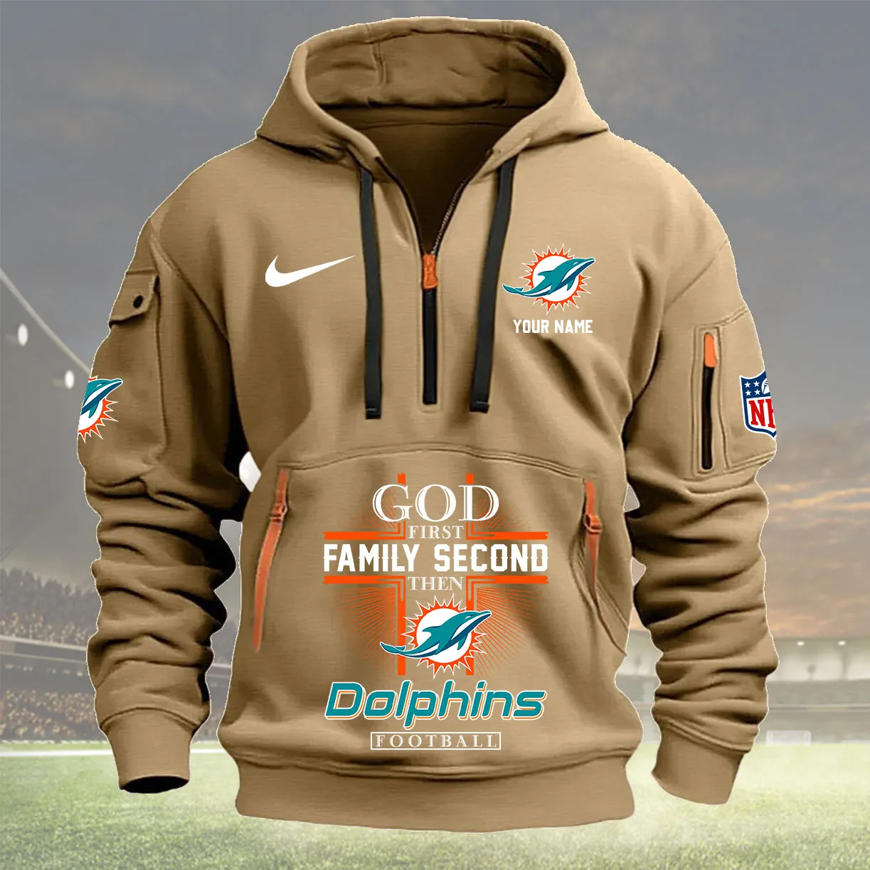 Miami Dolphins Personalized Heavy Hoodie Quarter Zip Hoodie