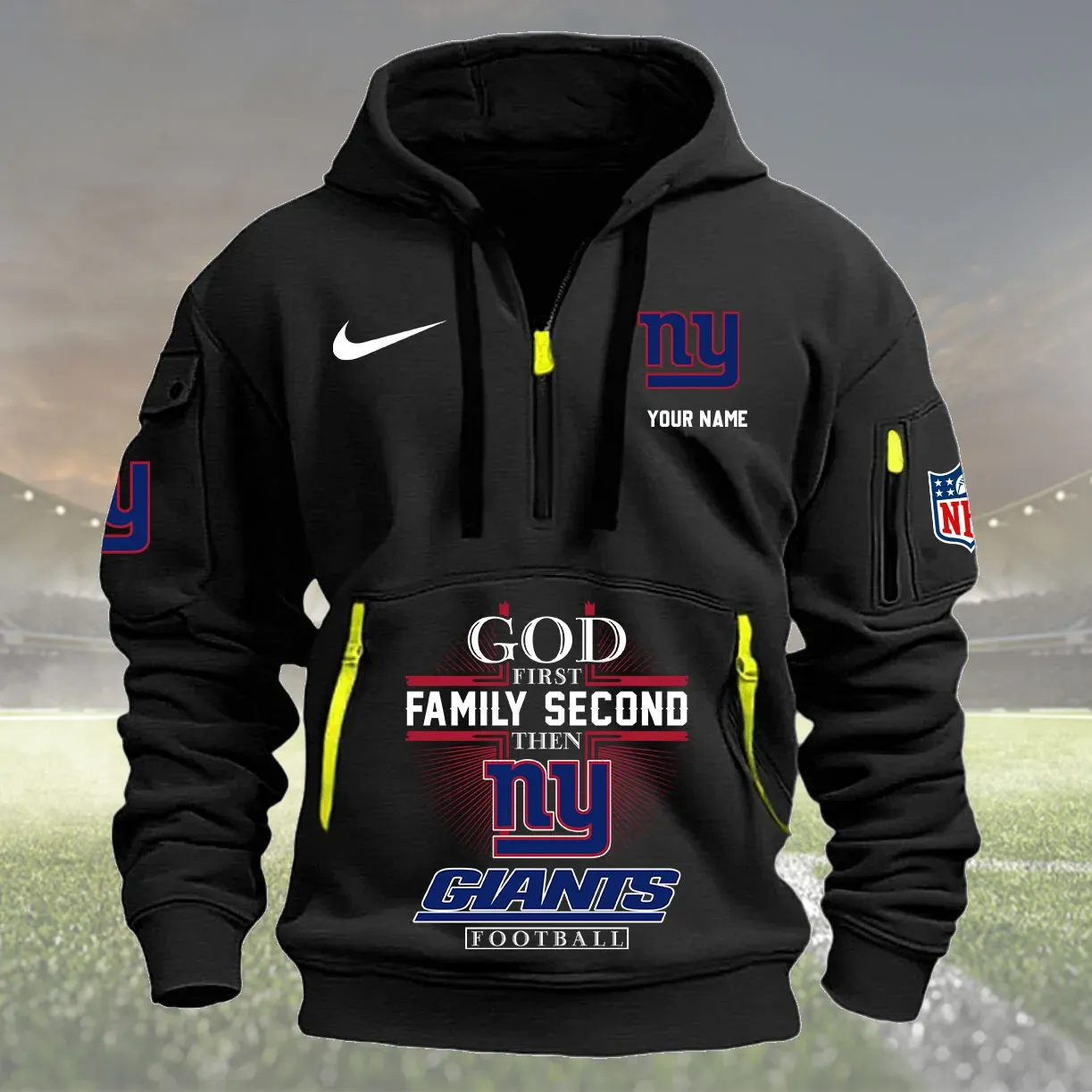 New York Giants Personalized Heavy Hoodie Quarter Zip Hoodie