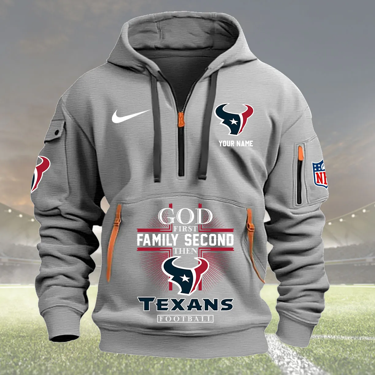 Houston Texans Personalized Heavy Hoodie Quarter Zip Hoodie