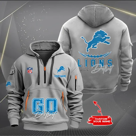 Detroit Lions Custom Name Heavy Hoodie Quarter Zip Hoodie Limited Edition
