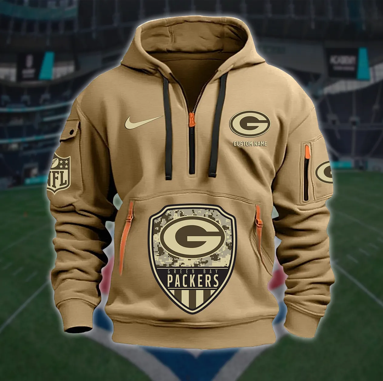 Green Bay Packers New Personalized Heavy Hoodie Quarter Zip Hoodie Limited Edition Beige