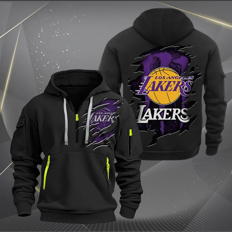 Los Angeles Lakers Heavy Hoodie Quarter Zip Hoodie Black For Men Women