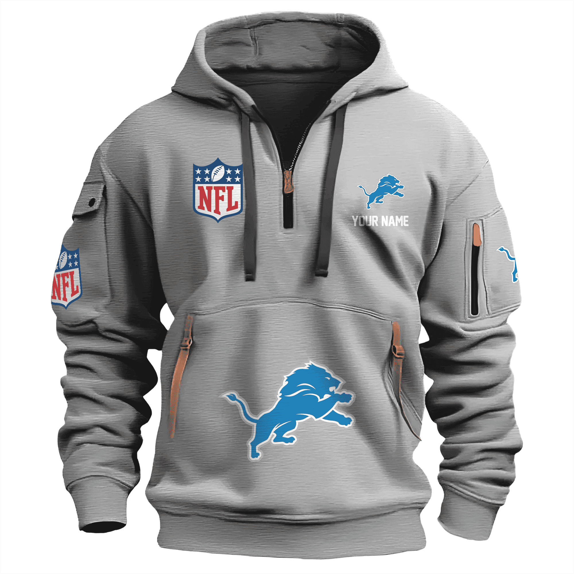 Detroit Lions Premium Nfl Quarter Zip Hoodie Grey For Men Women