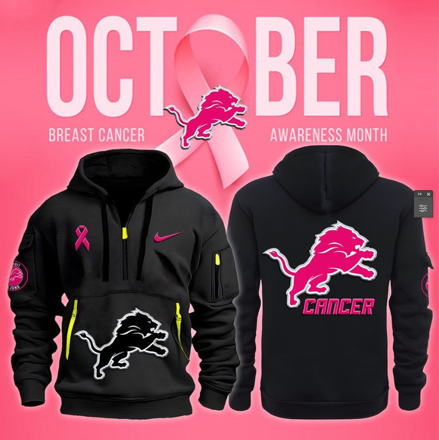 Detroit Lions Nfl October Breast Cancer Awareness Month Quarter Zip Hoodie