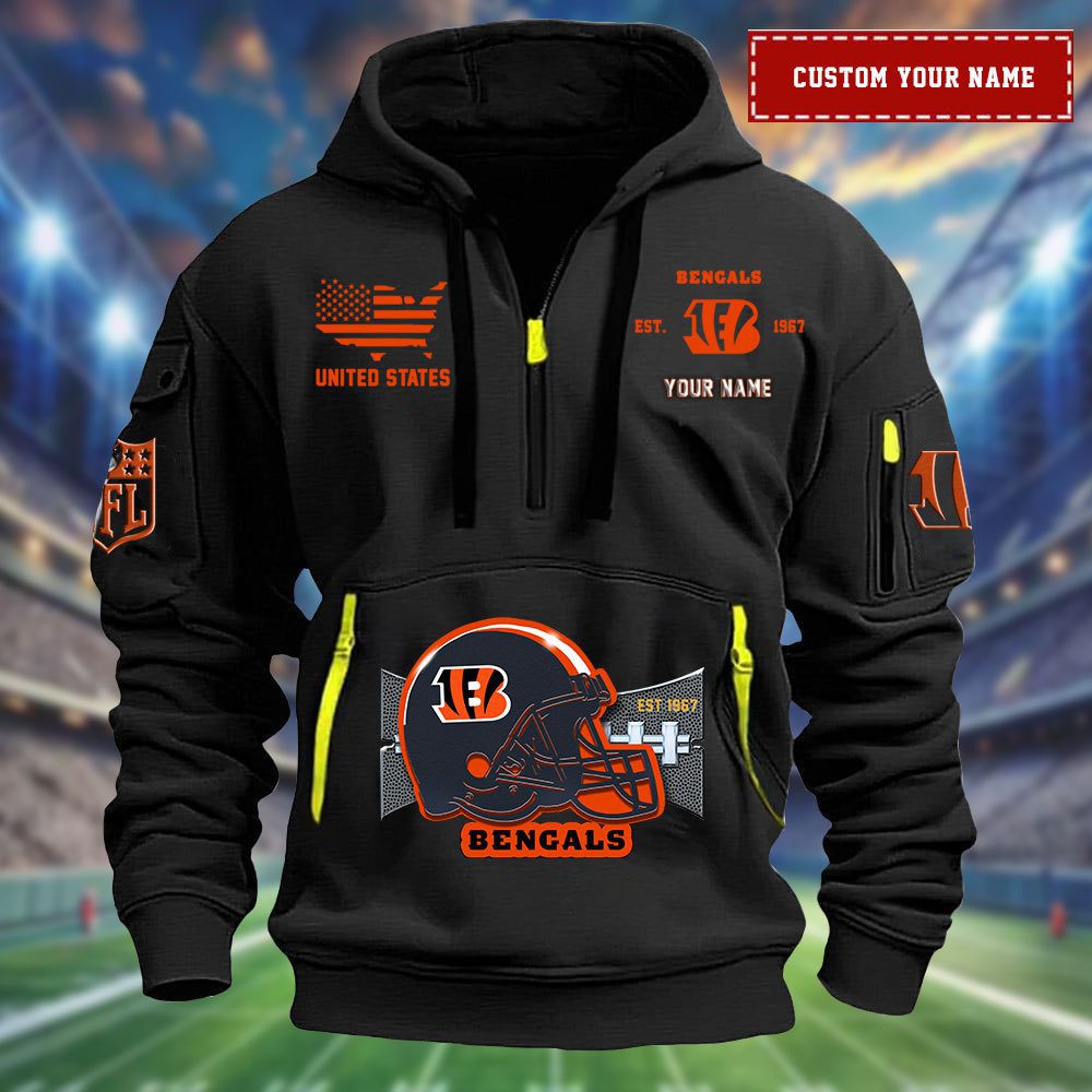 Cincinnati Bengals Personalized Big Logo Nfl Quarter Zip Hoodie For Fans