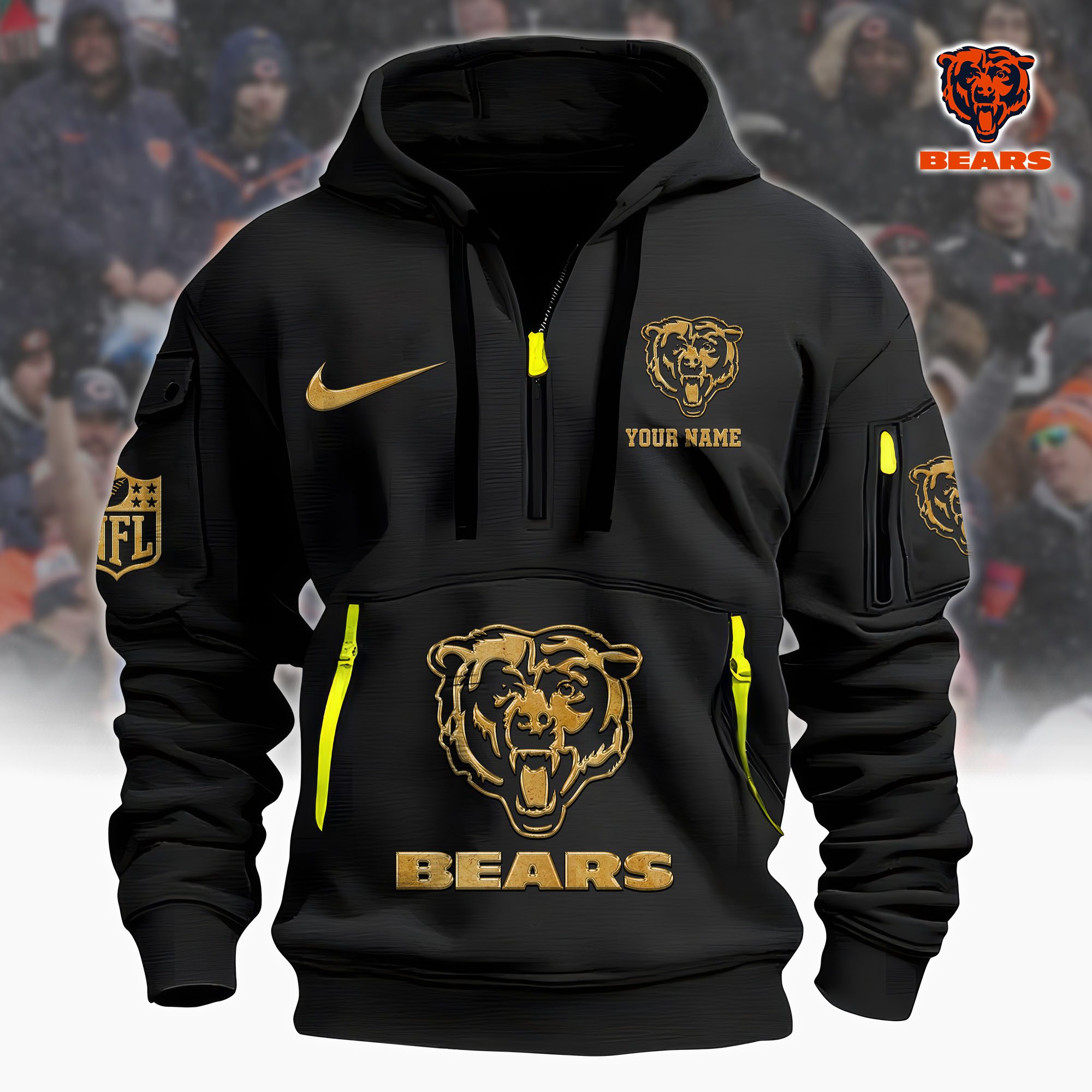 Chicago Bears Nfl Custom Your Name Metal Logo Quarter Hoodie Zip