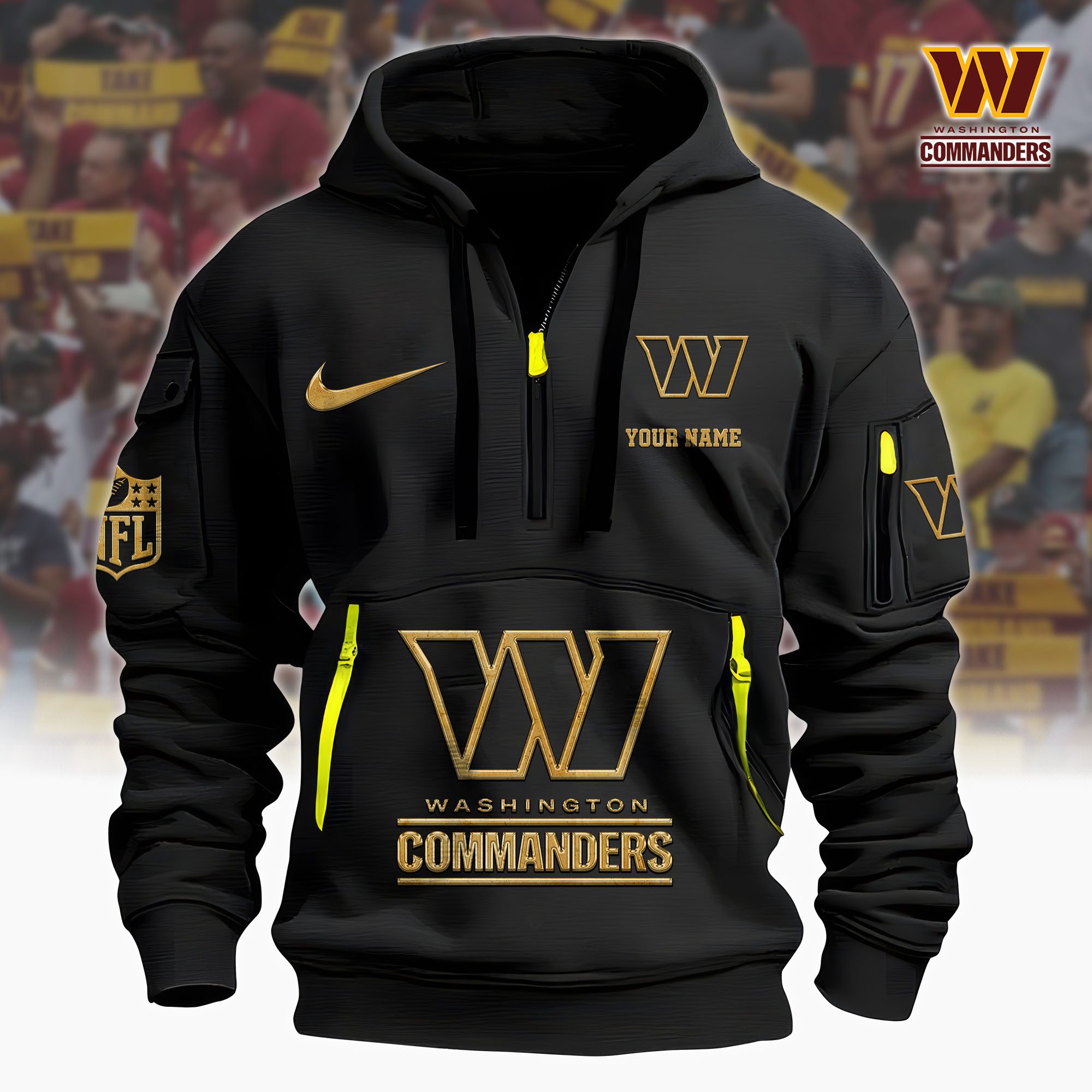 Washington Commanders Nfl Custom Your Name Metal Logo Quarter Hoodie Zip