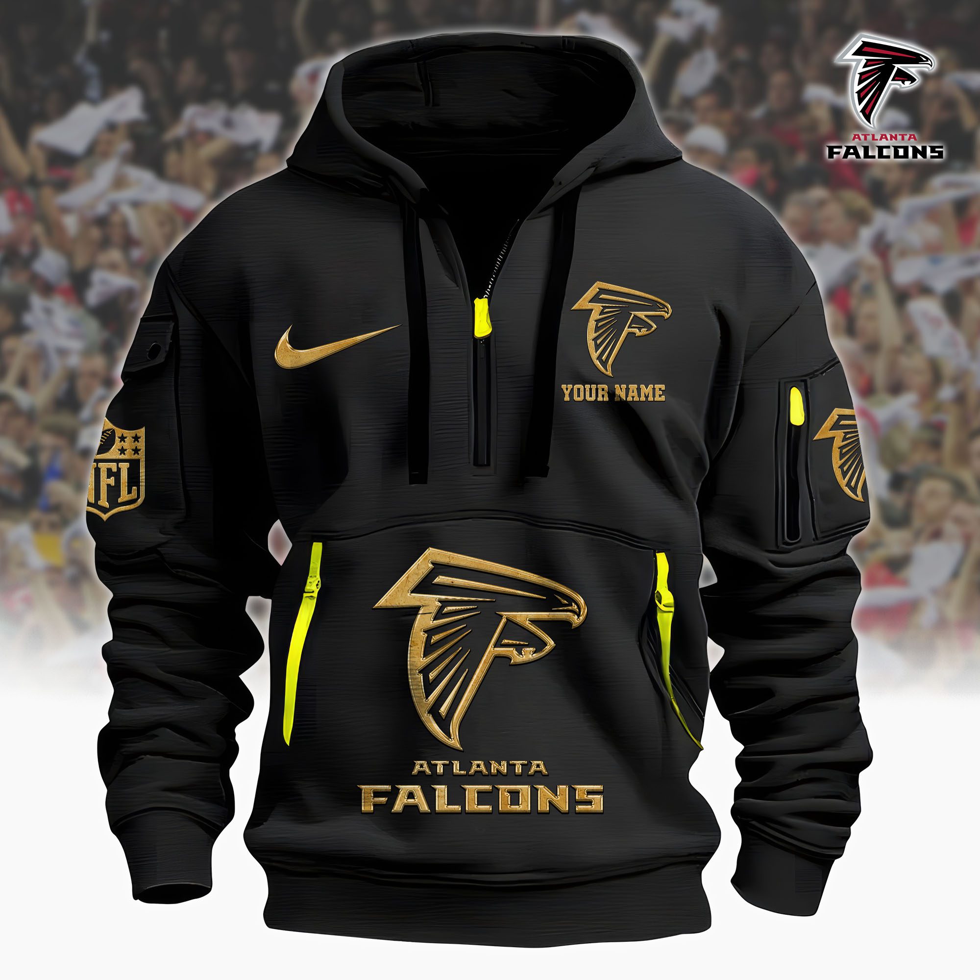 Atlanta Falcons Nfl Custom Your Name Metal Logo Quarter Hoodie Zip
