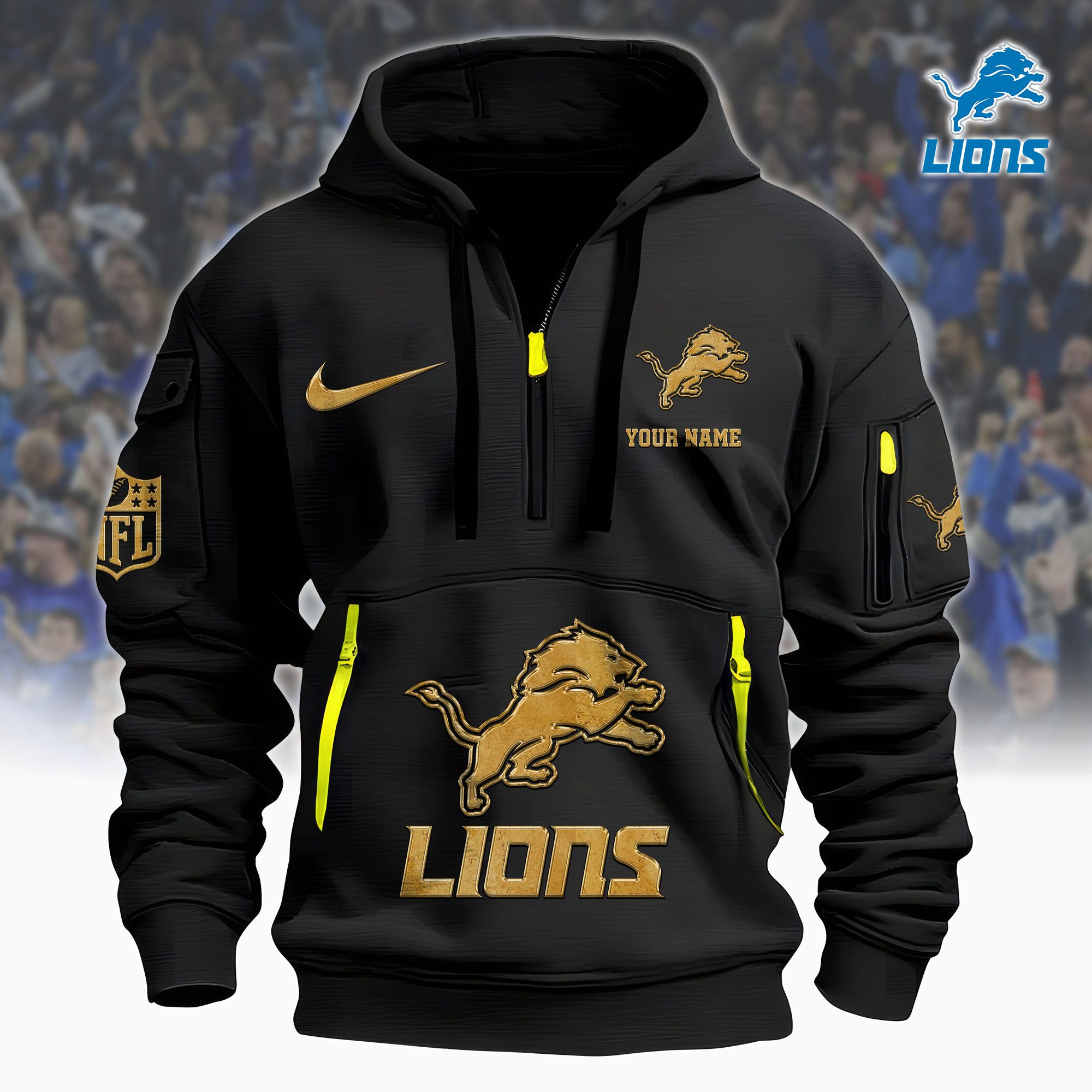 Detroit Lions Nfl Custom Your Name Metal Logo Quarter Hoodie Zip