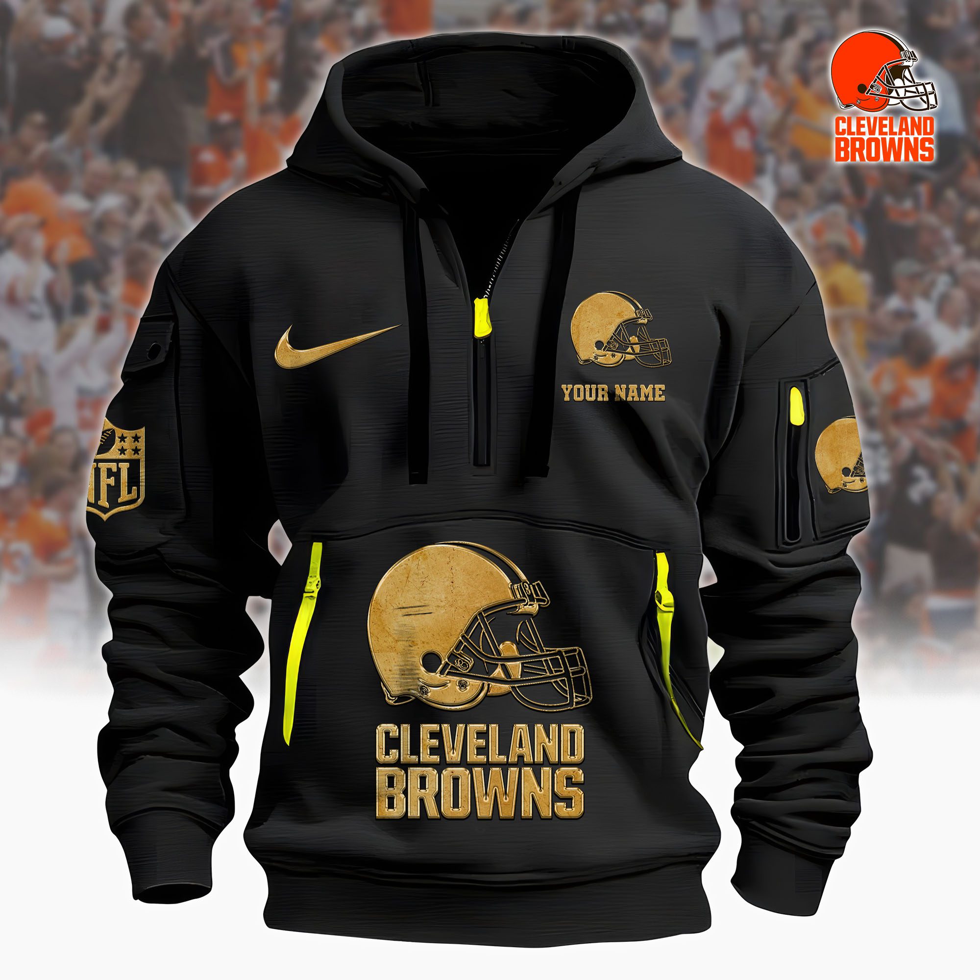 Cleveland Browns Nfl Custom Your Name Metal Logo Quarter Hoodie Zip