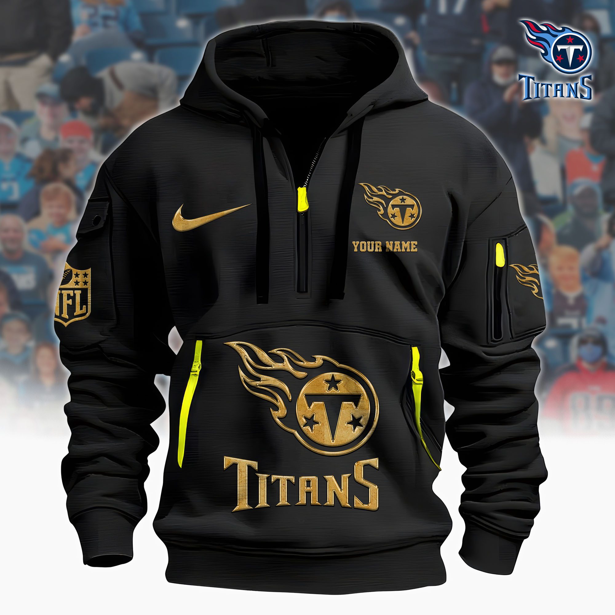 Tennessee Titans Nfl Custom Your Name Metal Logo Quarter Hoodie Zip