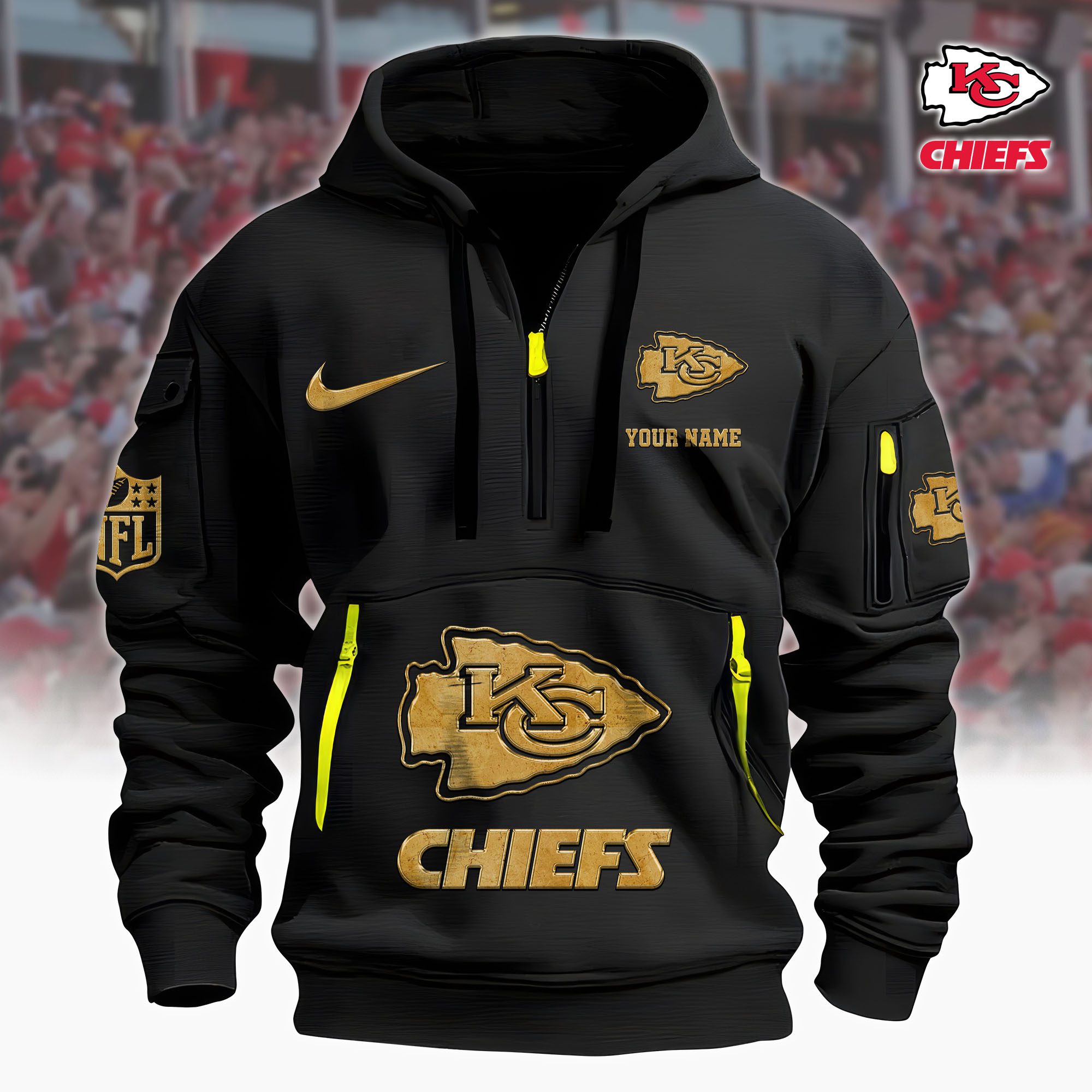Kansas City Chiefs Nfl Custom Your Name Metal Logo Quarter Hoodie Zip