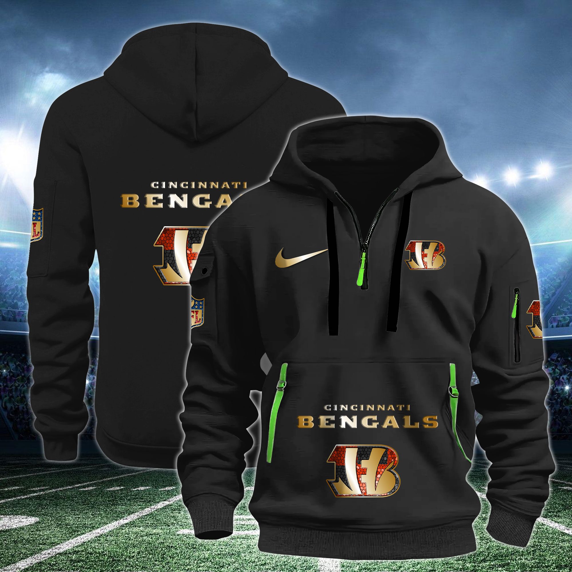 Cincinnati Bengals Nfl Swoosh Metal Logo Quarter Hoodie Zip