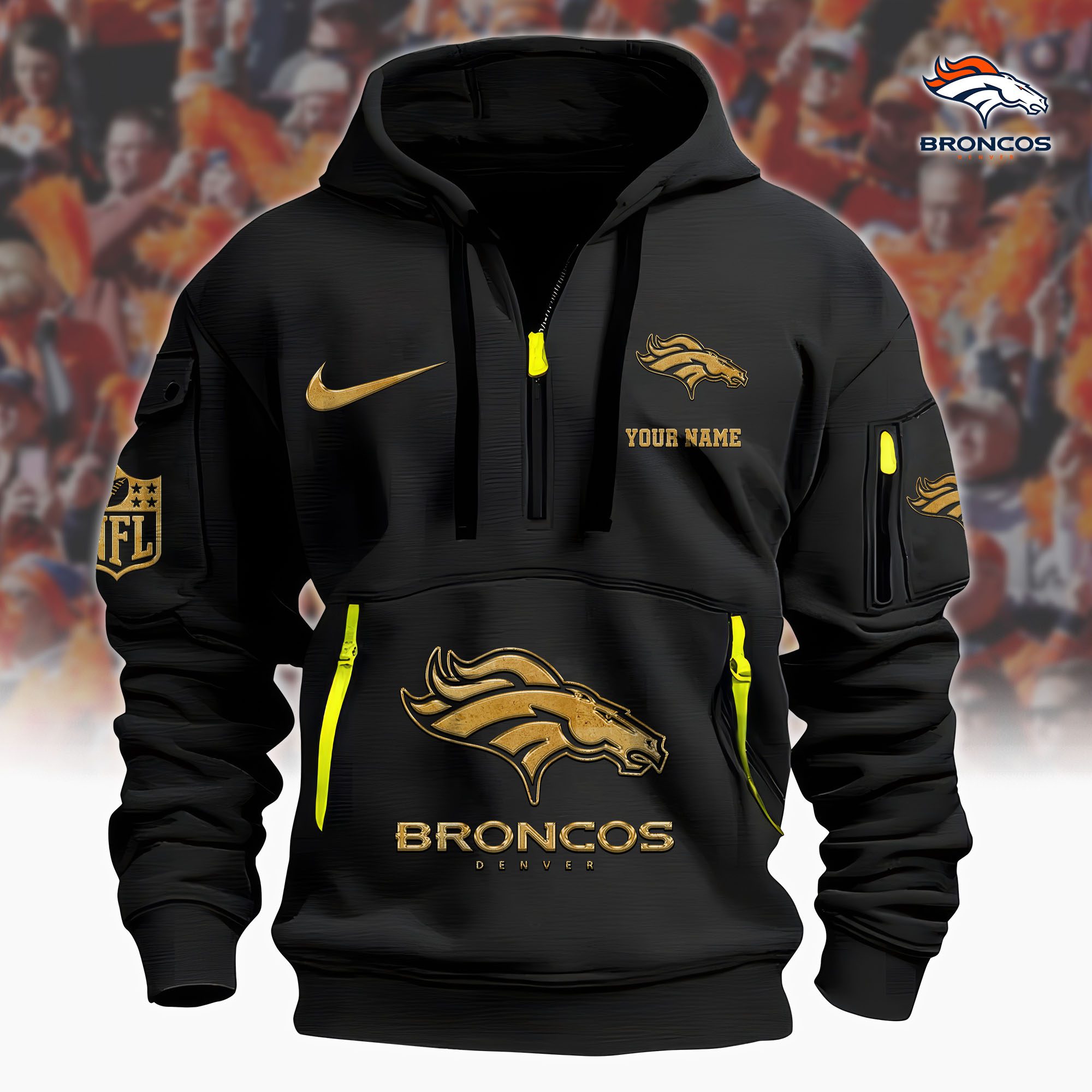 Denver Broncos Nfl Custom Your Name Metal Logo Quarter Hoodie Zip