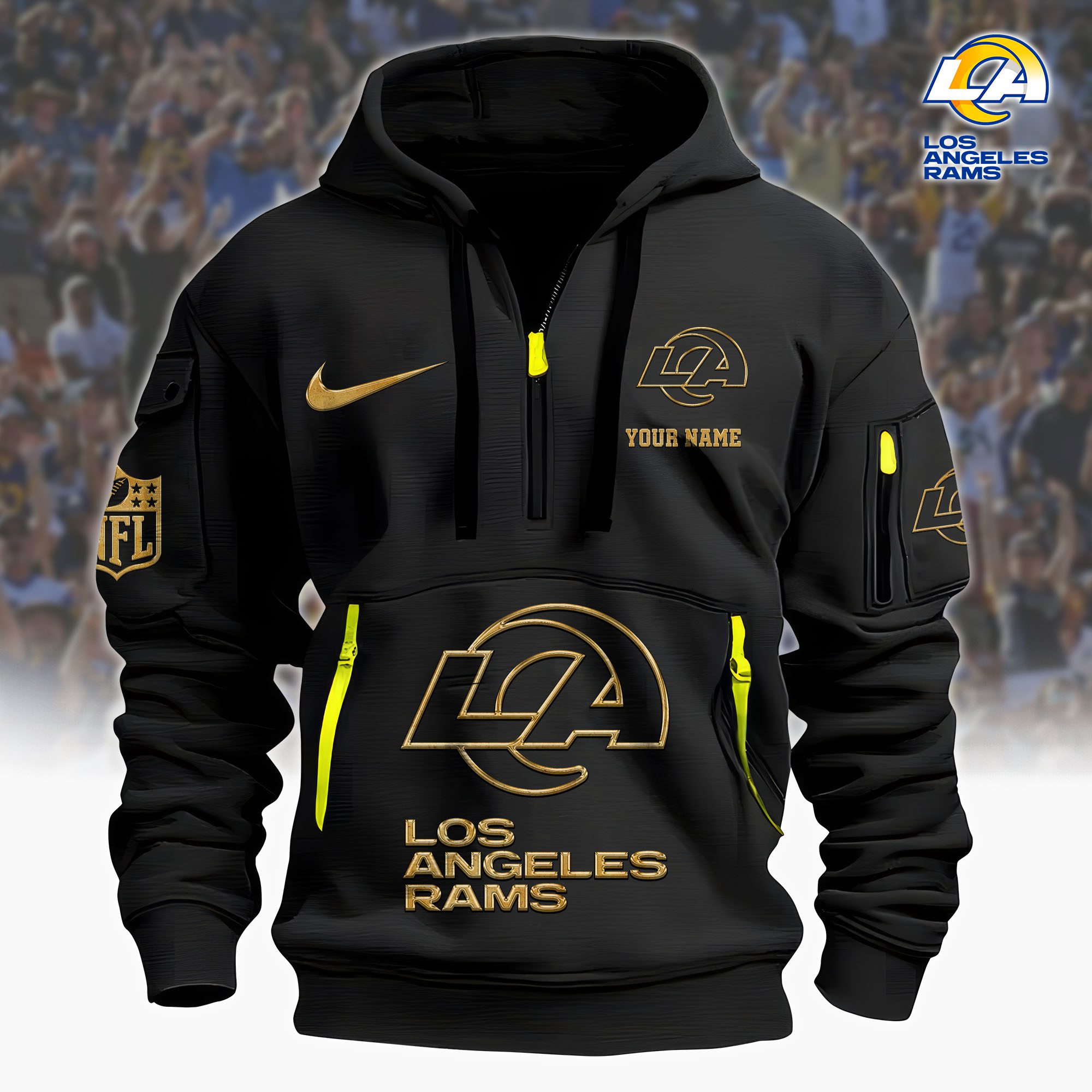 Los Angeles Rams Nfl Custom Your Name Metal Logo Quarter Hoodie Zip