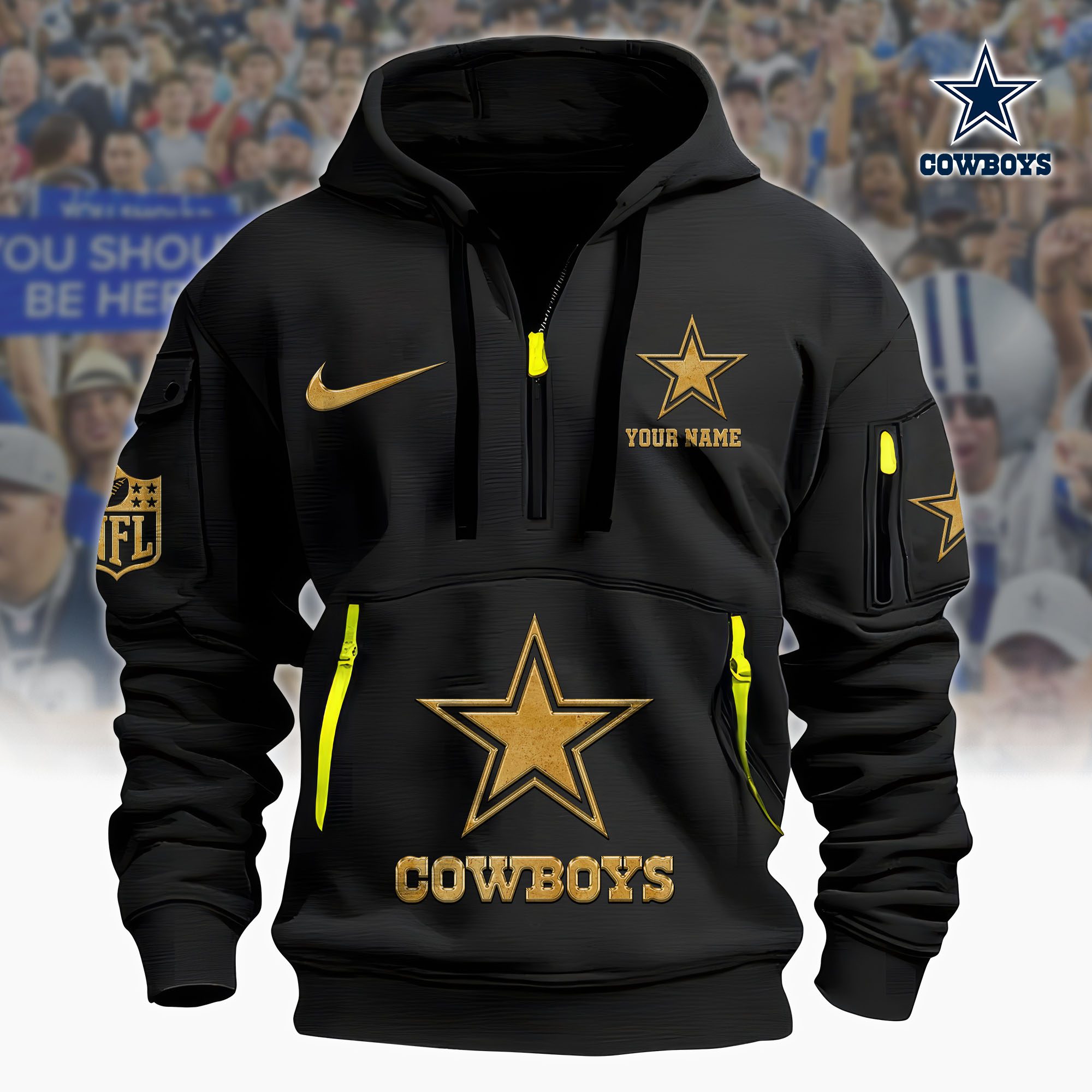 Dallas Cowboys Nfl Custom Your Name Metal Logo Quarter Hoodie Zip