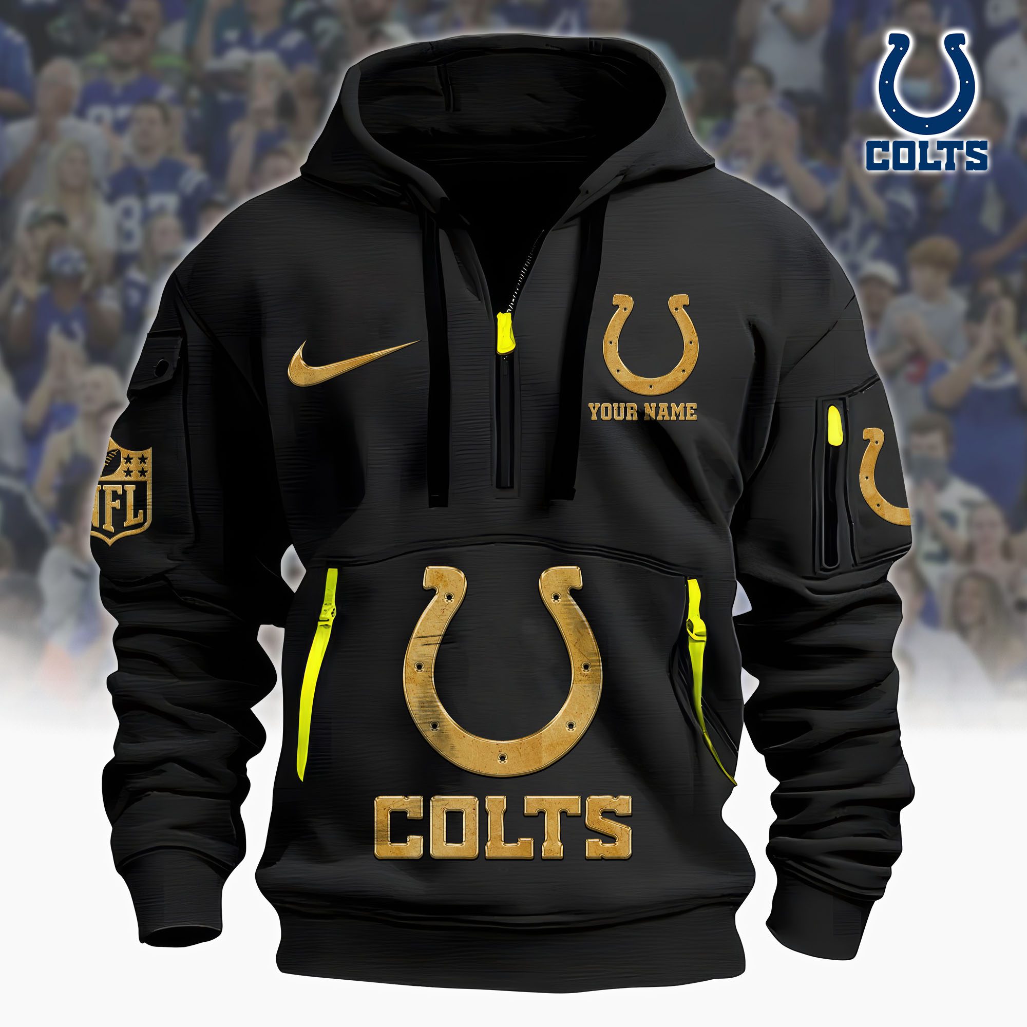 Indianapolis Colts Nfl Custom Your Name Metal Logo Quarter Hoodie Zip