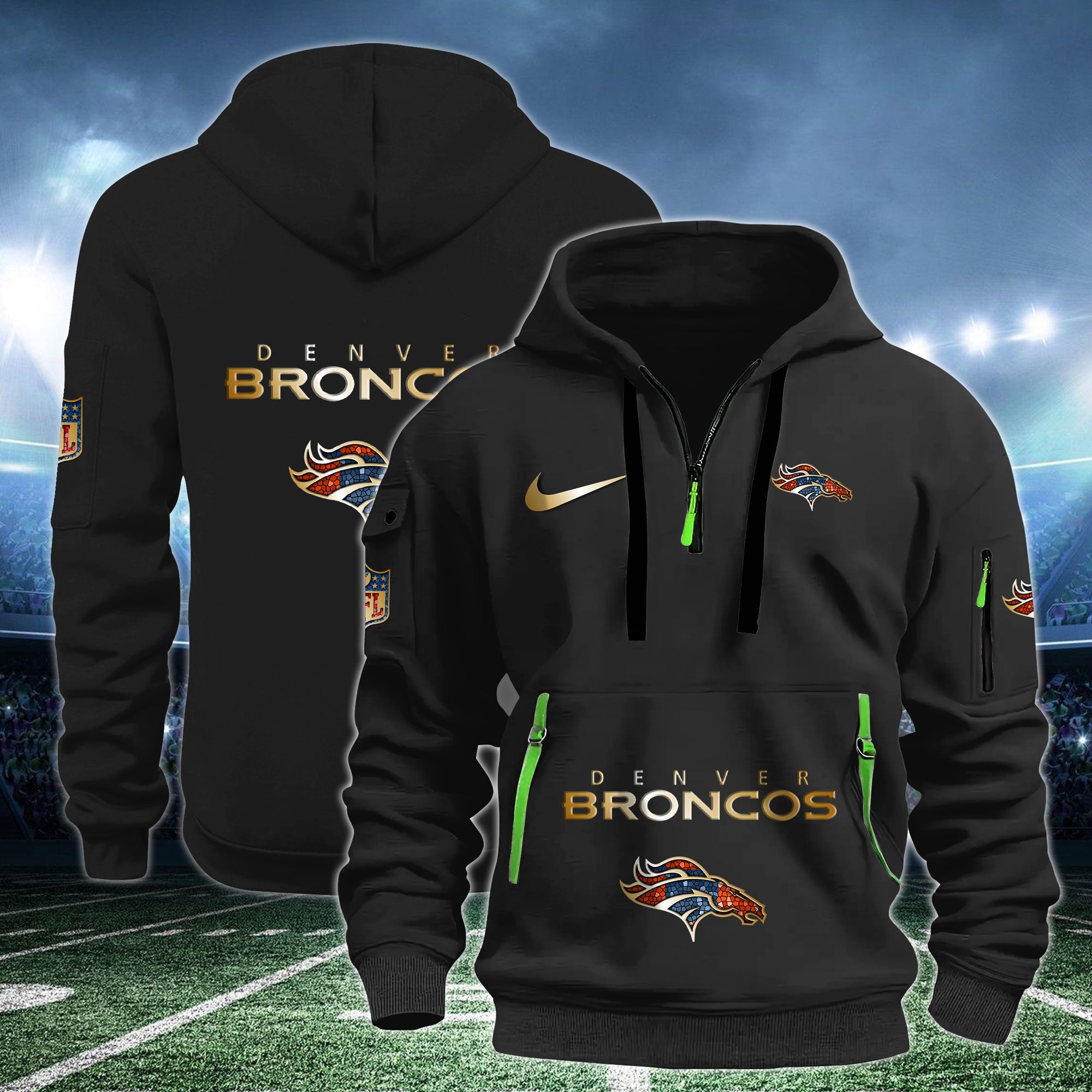 Denver Broncos Nfl Swoosh Metal Logo Quarter Hoodie Zip