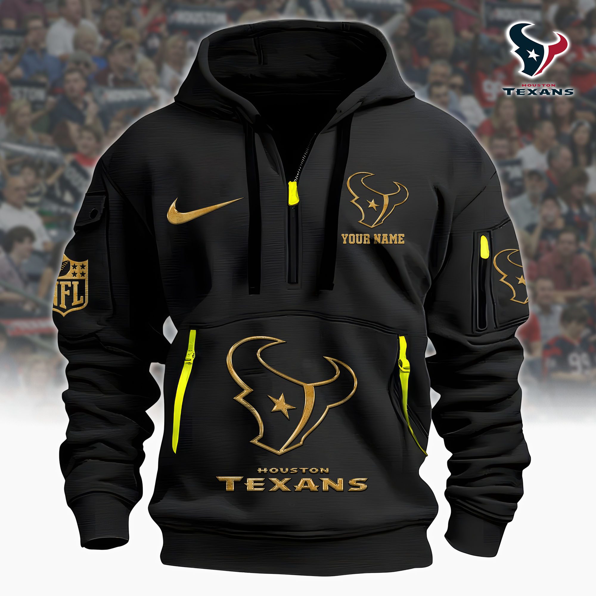 Houston Texans Nfl Custom Your Name Metal Logo Quarter Hoodie Zip