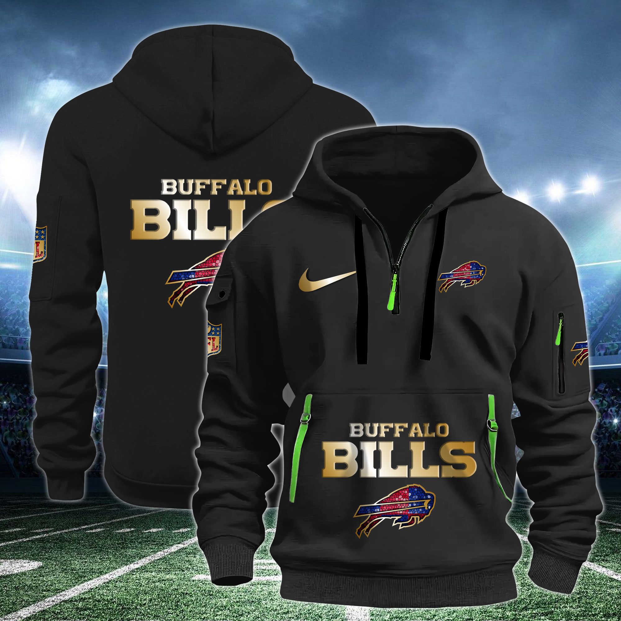 Buffalo Bills Nfl Swoosh Metal Logo Quarter Hoodie Zip