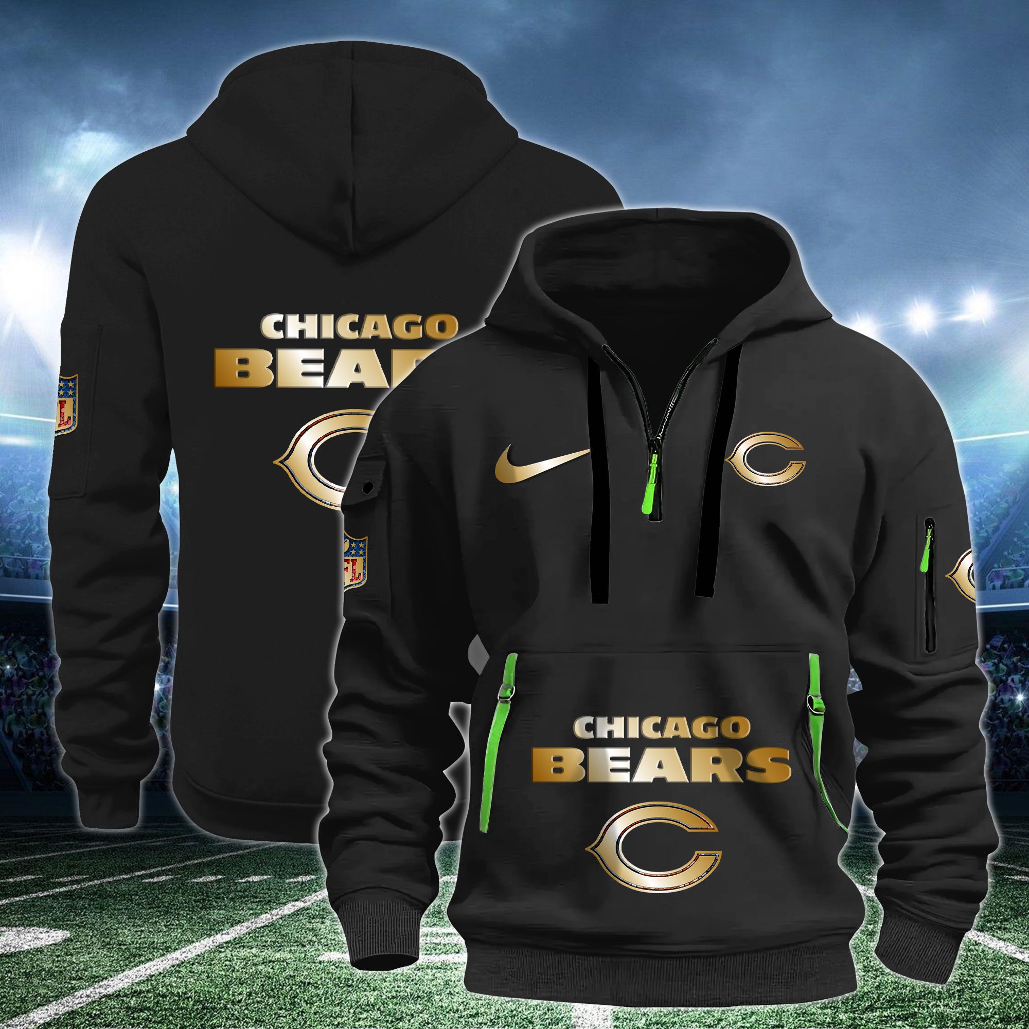 Chicago Bears Nfl Swoosh Metal Logo Quarter Hoodie Zip