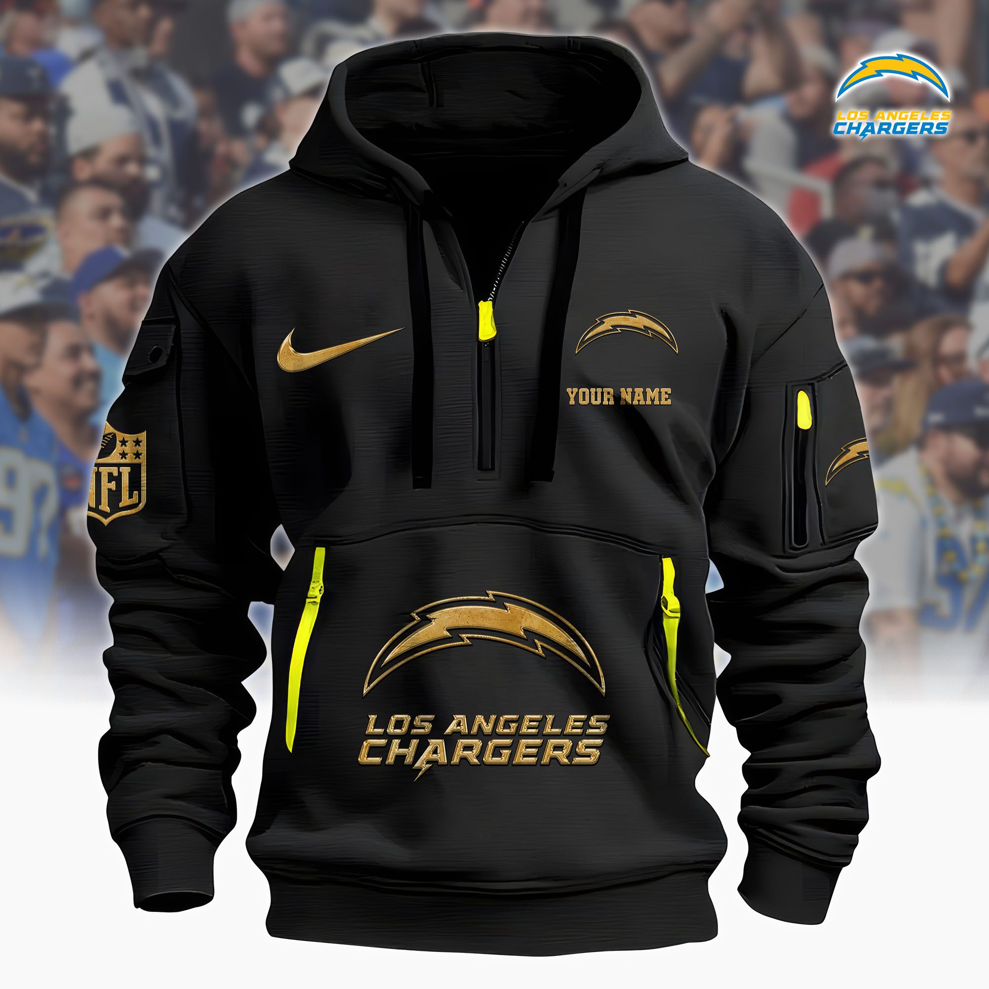 Los Angeles Chargers Nfl Custom Your Name Metal Logo Quarter Hoodie Zip